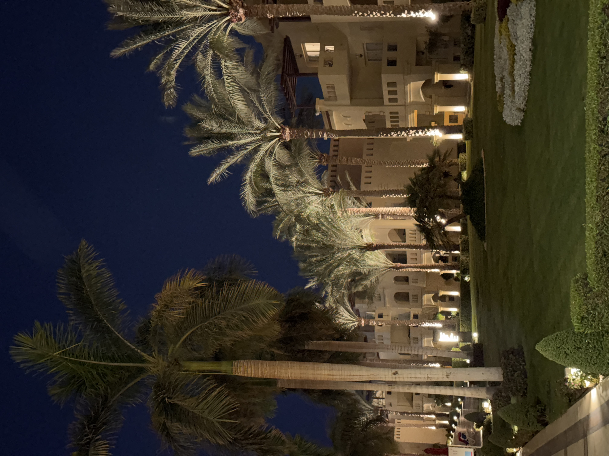 A nighttime exterior shot captures a resort or hotel complex in Unknown, Egypt. The scene is illuminated by artificial lighting, casting a warm glow on the sandy-colored buildings with arched windows and balconies. Numerous palm trees are scattered throughout the property, their fronds silhouetted against the dark blue night sky. A well-manicured lawn occupies the foreground, with manicured hedges and a circular flowerbed of white and yellow flowers. Several outdoor lights are strategically placed to illuminate pathways and architectural features. The overall impression is one of a tranquil, resort-like atmosphere.