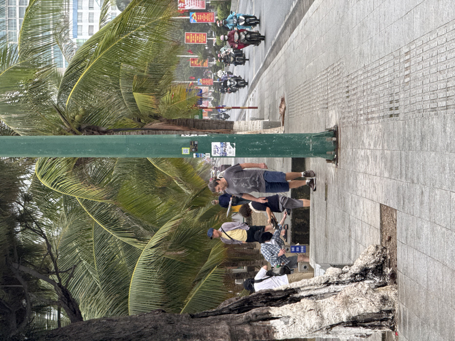 The image depicts a street scene in Nha Trang, Vietnam, characterized by tropical foliage and urban infrastructure. The foreground features a large tree trunk with a white-painted base on the left and a wet, grey tiled sidewalk extending towards the background. A tall, slender green metal pole, affixed with various stickers and QR codes, stands on the right side of the sidewalk.
On the sidewalk, five to six individuals are present. In the mid-ground, a man with light hair wearing a grey t-shirt with a dark graphic, blue shorts, and sneakers walks towards the right, looking downwards. A younger individual in a dark t-shirt and grey shorts stands adjacent to him, appearing to interact with an object held in their hands. Further left, a person in a plaid shirt and dark cap is bent over a low concrete structure at the sidewalk's edge. Behind them, another individual in a yellow t-shirt and blue baseball cap stands observing, and a person in a white shirt faces away near the large tree.
The background reveals a wet asphalt road, indicating recent rain. Multiple motorbikes and scooters, each with a rider wearing a helmet, are traveling away from the viewer on the right side of the road; some riders also wear face masks. The road is bordered by numerous palm trees with dense green fronds. Red flags displaying yellow stars and communist symbols are visible along the roadside, mounted on poles. Distant high-rise buildings are discernible through the palm trees, confirming an urban setting. The overall lighting suggests an overcast sky.