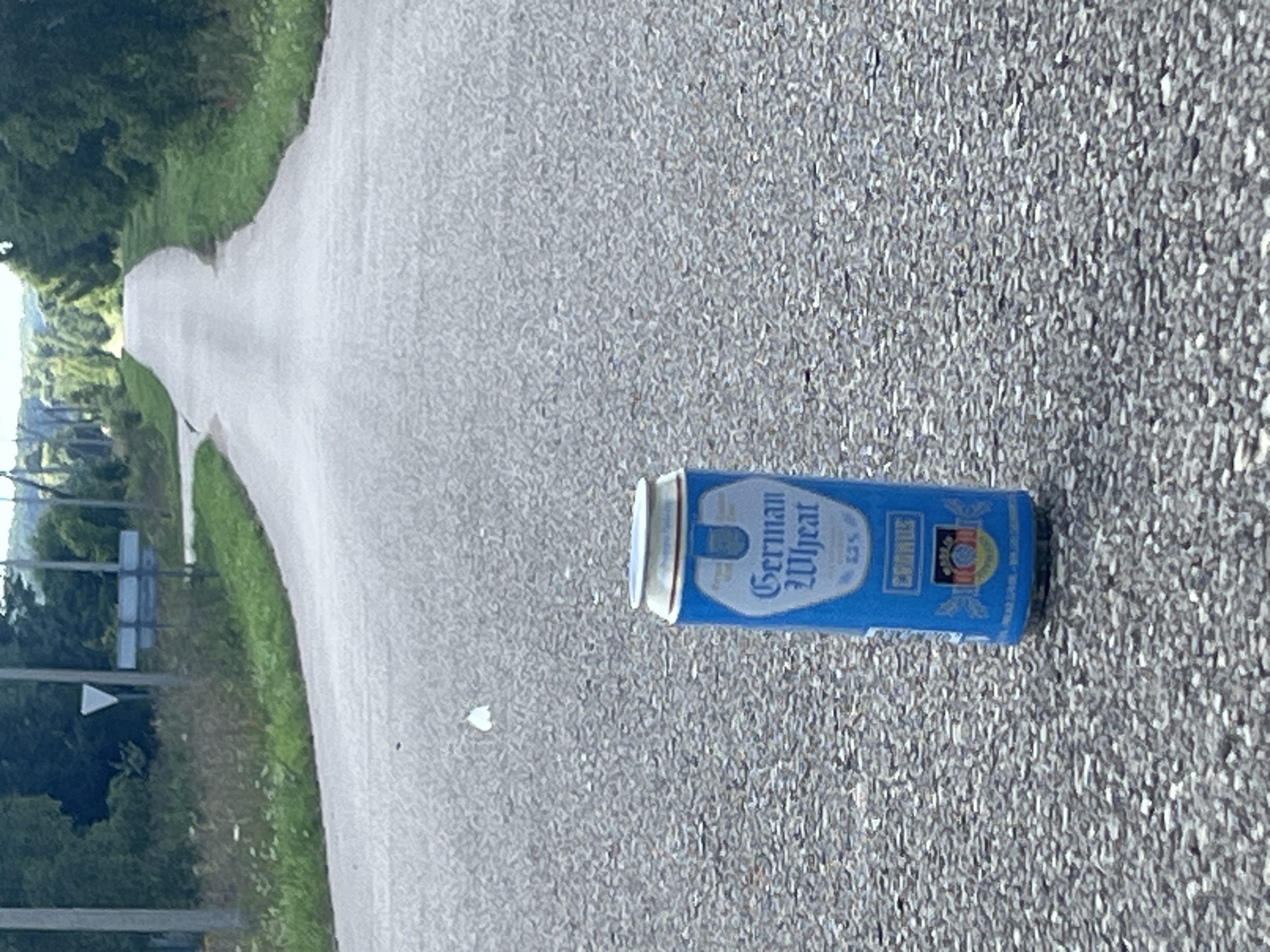 A blue aluminum beer can, labeled "German Wheat," rests on an asphalt road. The road curves to the right and recedes into the distance, flanked by green grass and trees. In the background, utility poles and road signs are visible. The scene appears to be in the countryside near Norviliškės, Lithuania.