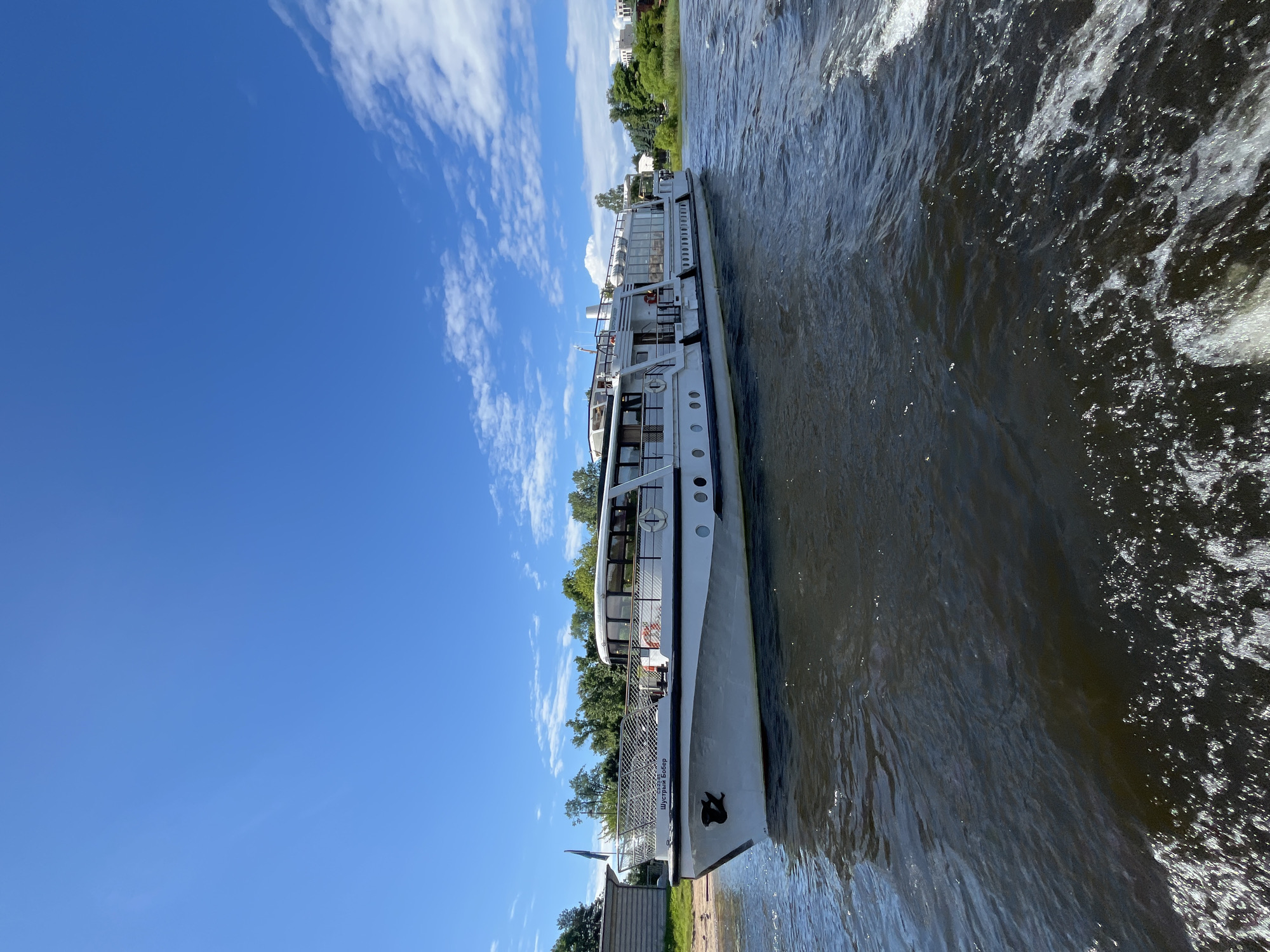 A white passenger boat is sailing on a river under a bright blue sky with scattered white clouds. The boat, which appears to be a tour boat, has multiple decks with windows and railings. The river is dark and choppy, with white foam trailing behind the boat, indicating it's moving at a good speed. Trees and some buildings are visible along the riverbank in the background. The image is oriented vertically, making it look like the boat is moving across the frame from left to right. There is some visible text on the side of the boat's bow, which reads "Шустрый Боец". The overall mood is pleasant and suggests a sunny day, likely during the warmer months in Saint Petersburg.