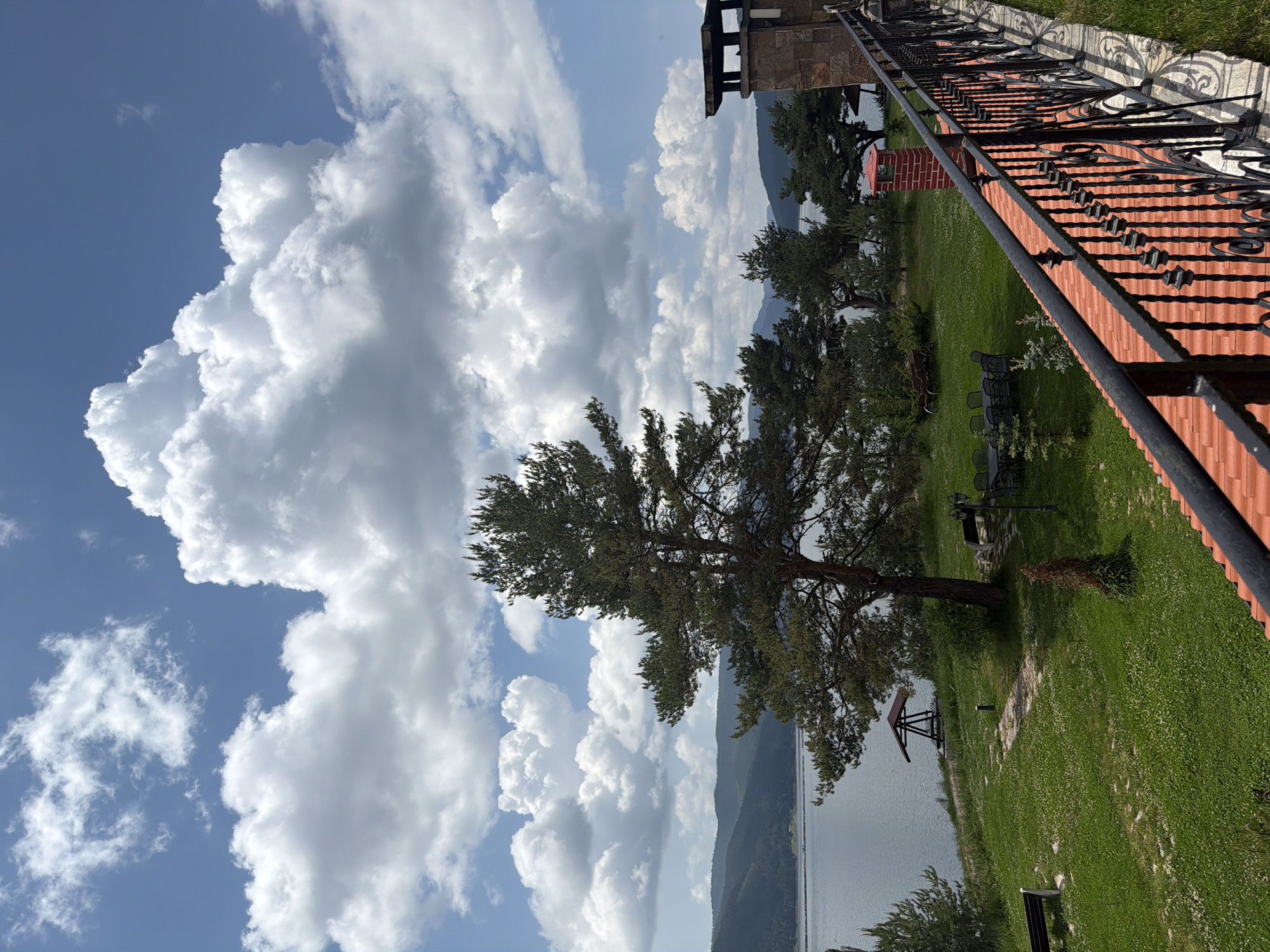 This image, captured in Dospat, Bulgaria, presents a serene outdoor landscape overlooking a large body of water, likely the Dospat Reservoir. The scene is set under a bright blue sky adorned with numerous large, white cumulus clouds, indicating a clear and sunny day, possibly late morning or early afternoon.
In the foreground, a vibrant green lawn, speckled with small white flowers, occupies the lower and right portions of the frame. A prominent, mature evergreen tree stands centrally on the lawn, its dark green foliage extending across the left side of the view. To the right, an ornate dark metal railing runs horizontally, positioned above a section of red-tiled roofing that belongs to a building. Part of this building, constructed with stone and brick, is visible behind the railing.
Further out on the lawn, several outdoor tables and chairs are arranged, suggesting an area for relaxation or dining. Near the edge of the calm body of water, partially obscured by the main tree, stands a small wooden gazebo with a dark roof. Beyond the water, a series of dark green mountains or hills rise into the distance, completing the picturesque natural vista. There are no people visible, and no discernible text appears in the image. The overall atmosphere conveys tranquility and natural beauty.