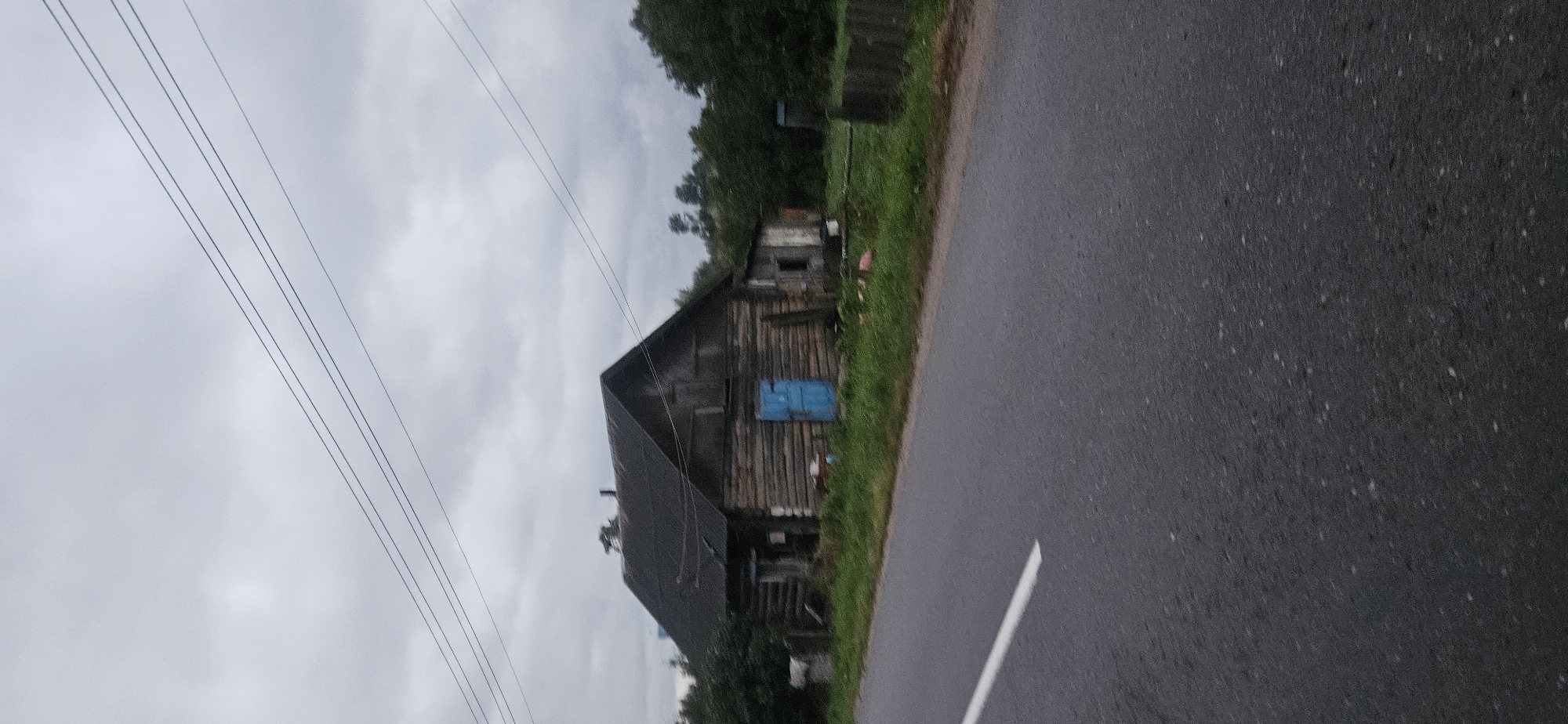 The image depicts a weathered wooden house situated in Liozna, Belarus. The house is constructed from logs and has a dark, gabled roof. A bright blue door is visible on the front of the structure. Adjacent to the main house is a smaller, dilapidated outbuilding. The scene is set against a backdrop of dense green foliage and an overcast, grey sky. Power lines are strung across the upper portion of the frame. In the foreground, a portion of an asphalt road with a white line marking is visible. The overall impression is one of a rural, somewhat neglected, setting.