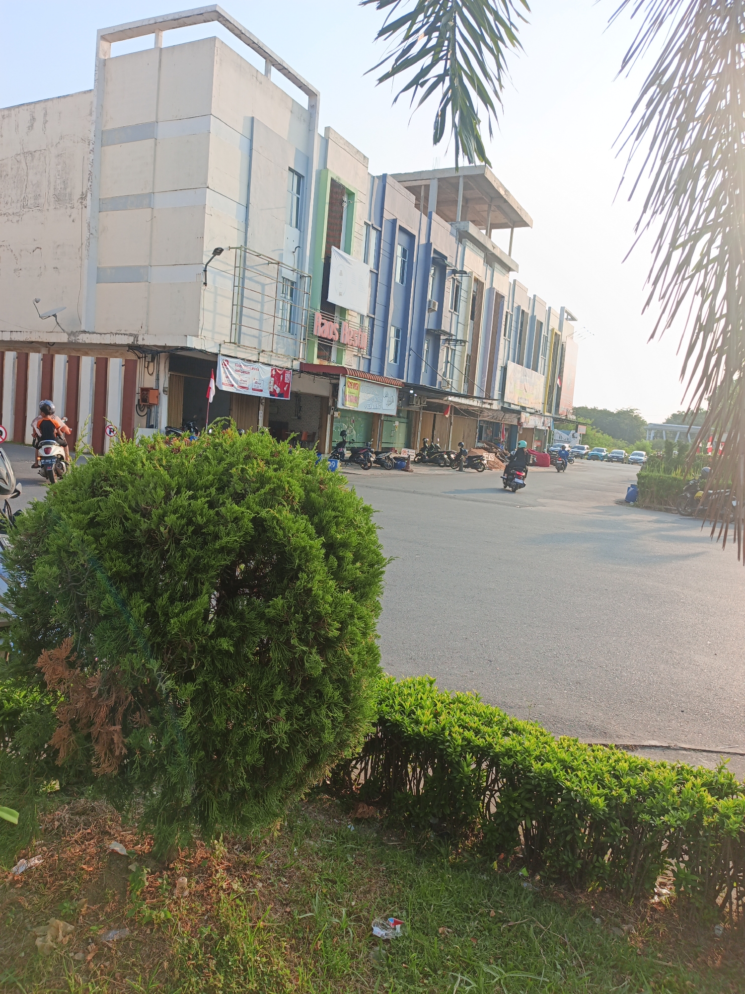 This image depicts a street scene in Batam, Indonesia, likely during daylight hours given the bright sun. In the foreground, a large, lush green evergreen shrub occupies the left side of the frame, with a neatly trimmed hedgerow running along the edge of the asphalt road in the lower right. Several motorcycles are parked along the side of the road, and one individual on a motorcycle is visible in motion.
Behind the greenery and the road, a row of multi-story buildings forms the backdrop. These buildings appear to be shops or offices, with several storefronts visible. Some of the buildings have a light-colored facade, while others are painted in shades of blue and green. A few banners and signs are attached to the buildings, suggesting commercial activity. In the distance, more trees and vegetation can be seen, indicating a suburban or commercial area on the outskirts of the city. The sky is clear and bright. The overall impression is one of a typical urban street in Indonesia, with a mix of commercial buildings, traffic, and greenery.