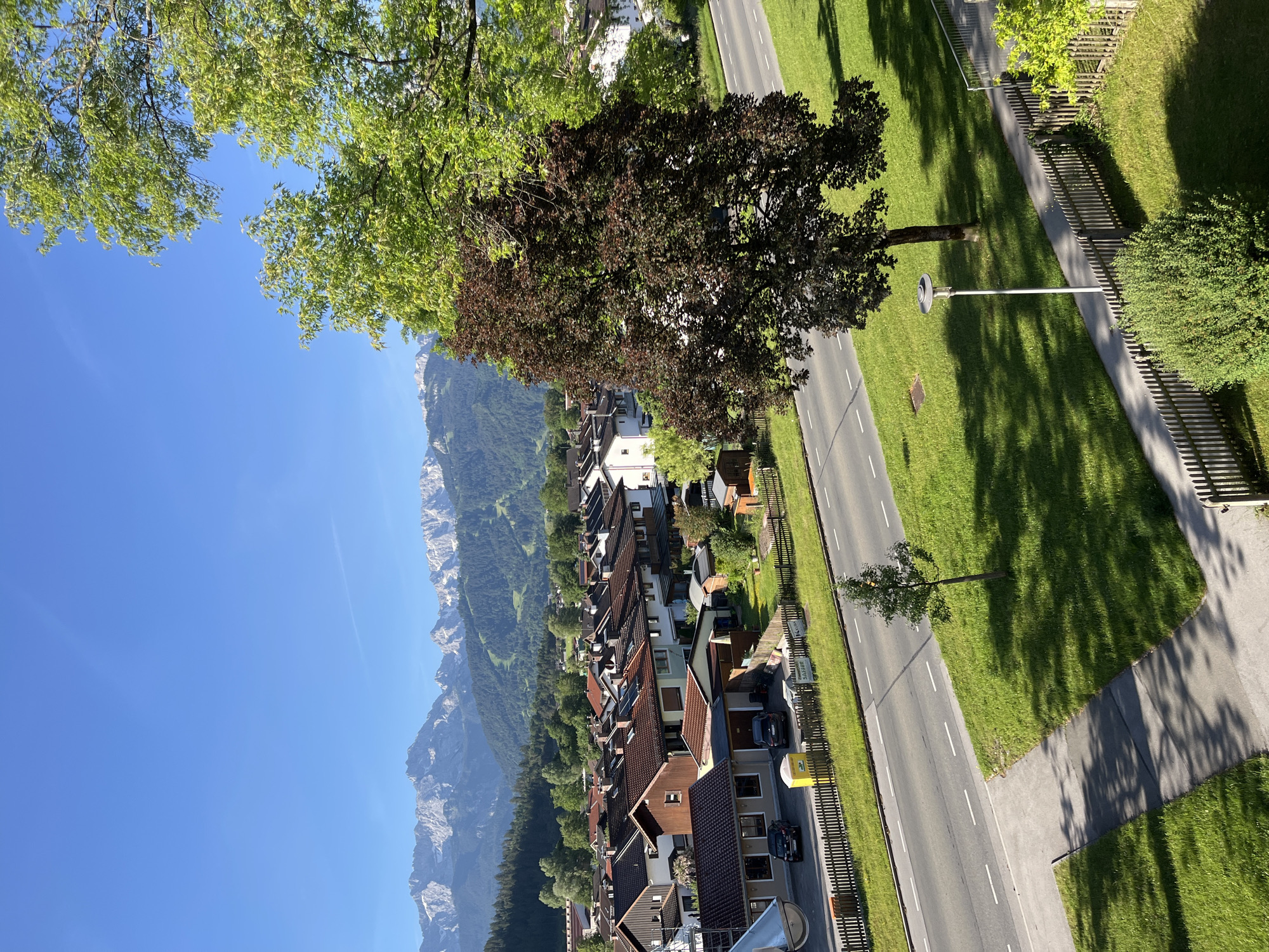 The image shows a view of the town of Garmisch-Partenkirchen, Germany, with the Alps in the background. In the foreground, there is a road with a sidewalk and a grassy area. A dark-leaved tree is prominent in the middle ground, casting shadows on the grass. Behind the tree, there are several houses with red tile roofs. The backdrop consists of green hills and snow-capped mountains under a clear blue sky. The scene is brightly lit by sunlight, suggesting it is daytime. No people are visible in the image.