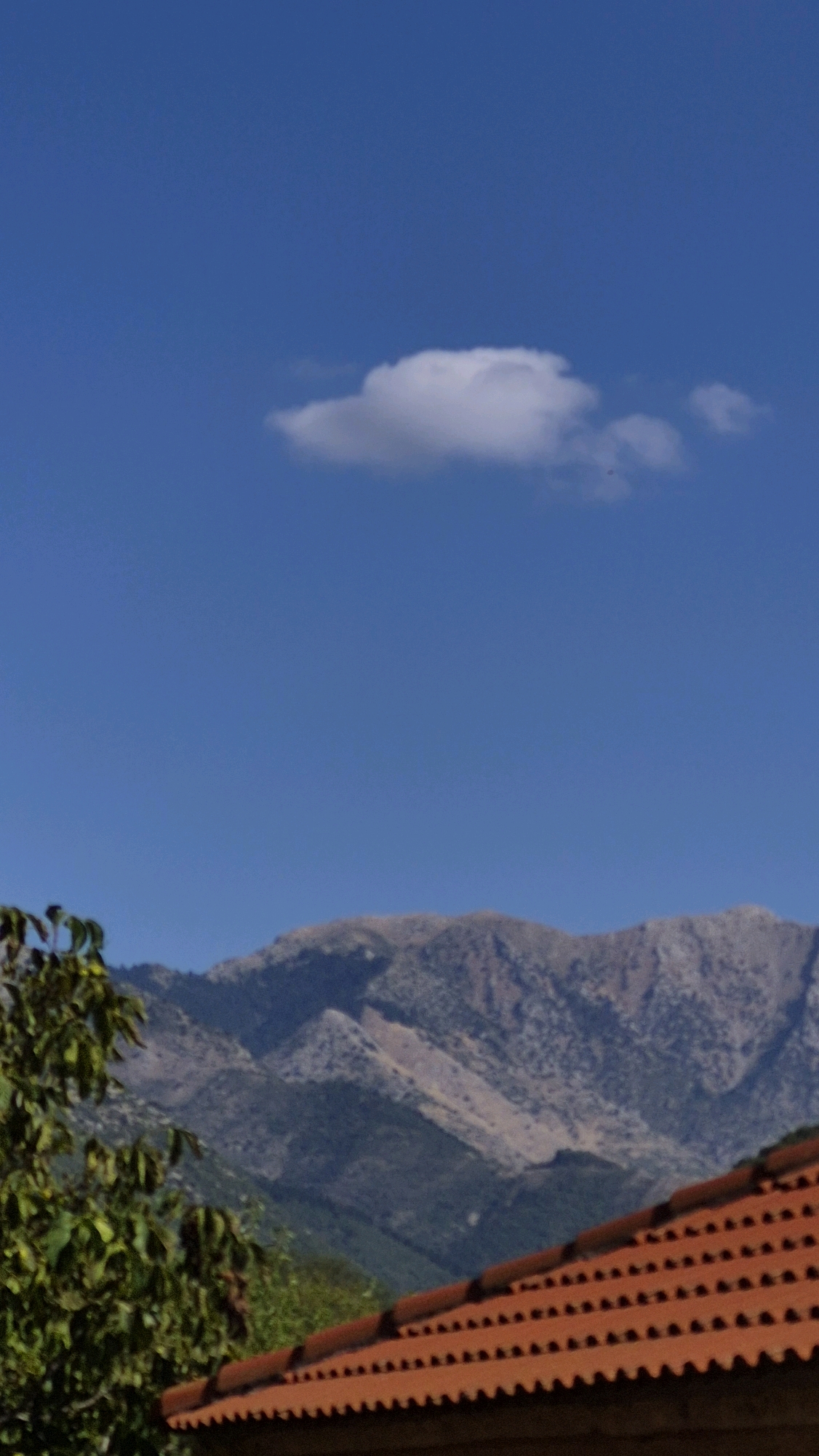 A vertical shot captures a serene landscape dominated by a clear blue sky and rugged mountains. In the upper portion of the frame, a solitary, fluffy white cloud drifts against the azure expanse. Below the sky, the imposing silhouette of mountains rises, their peaks jagged and rocky, interspersed with patches of green vegetation. In the foreground, the corner of a red-tiled roof is visible, with the foliage of a leafy green tree partially obscuring the view to the left. The scene appears tranquil and evokes a sense of natural beauty.
