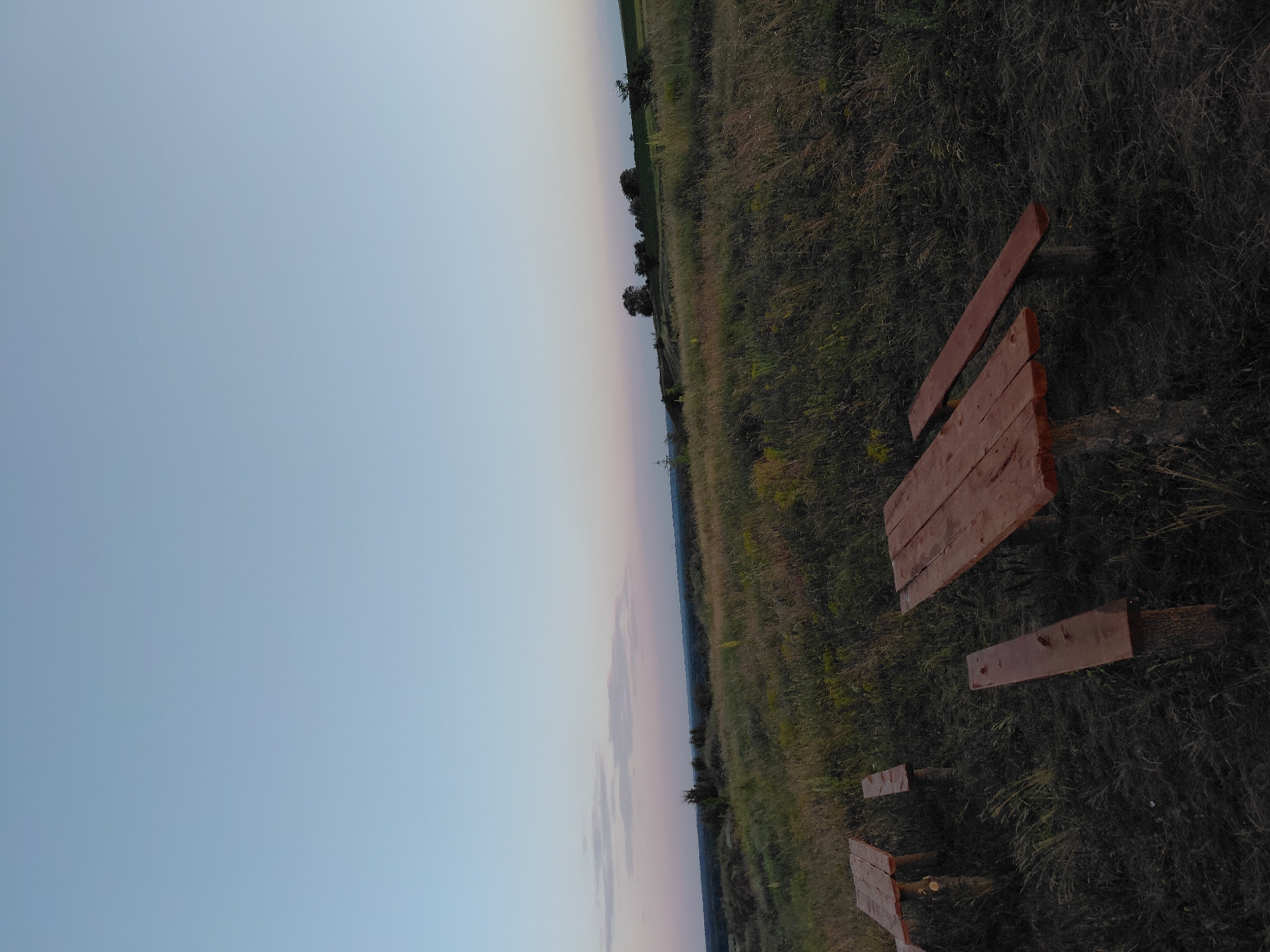 The image depicts an outdoor scene with a wooden picnic table and benches situated in a grassy field. The sky is clear and light blue, with a hint of pink near the horizon, suggesting either dawn or dusk. The ground is covered in tall, dry grass, and in the distance, a rolling landscape with trees and fields is visible. The picnic set appears to be made of rough-hewn wood. The overall impression is one of a quiet, natural setting. There are no people or animals present in the image. The location is identified as Ustyvytsia, Ukraine.