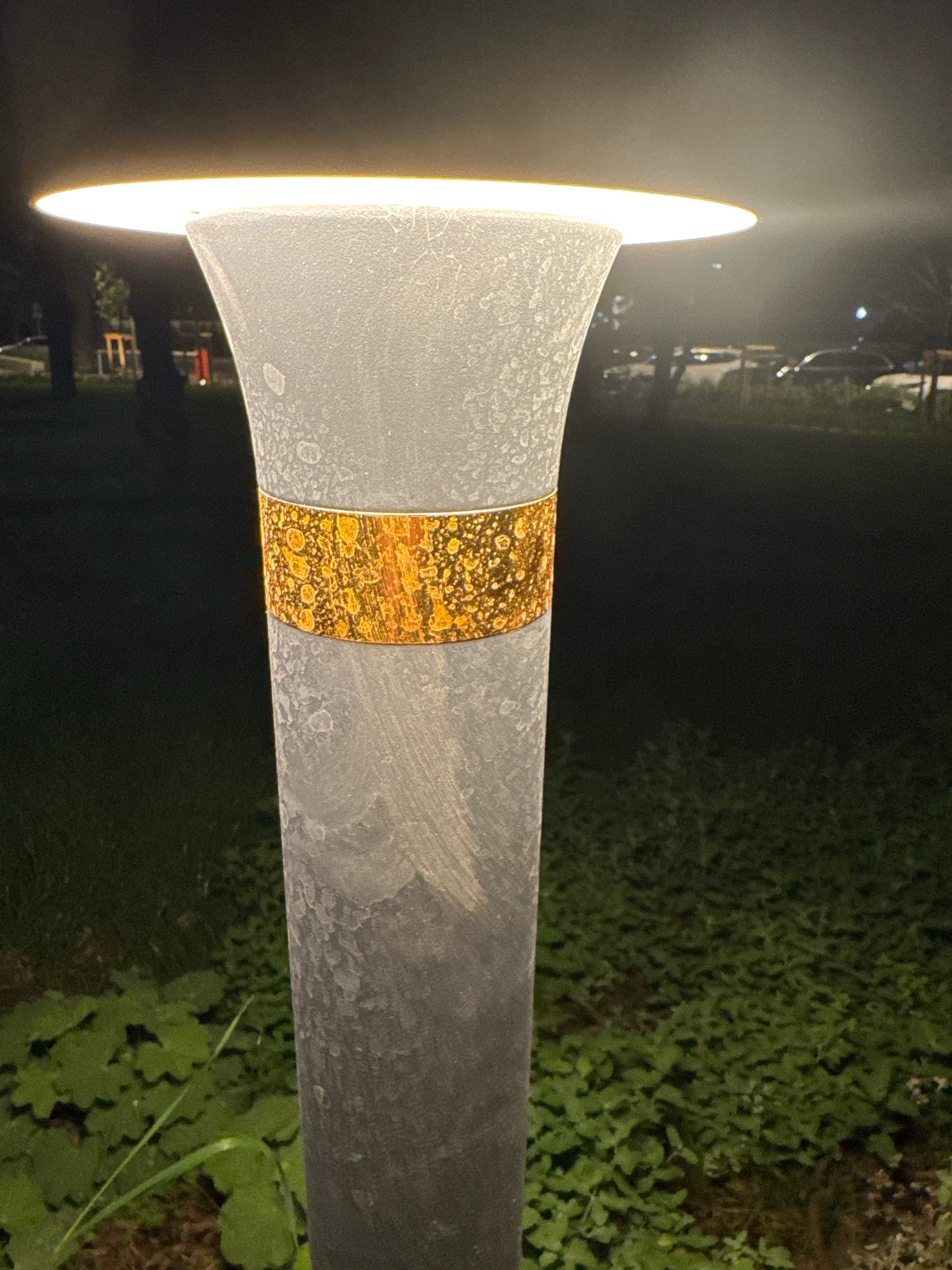 A close-up shot captures a gray, textured lamppost with a flared top, illuminated by a bright, white light emanating from beneath a dark cap. A decorative band with a golden, mottled pattern encircles the middle of the lamppost. The background is dark and slightly blurred, suggesting it is nighttime. In the distance, trees and the faint outlines of parked cars can be seen. The lamppost stands on a patch of green grass and low-lying plants. The location is identified as Almaty, Kazakhstan.