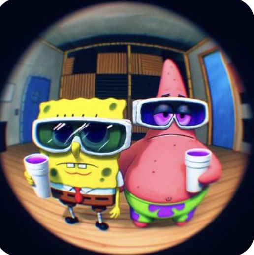 The image shows two cartoon characters, SpongeBob Squarepants and Patrick Star, standing in a room with wooden walls and a blue door in the background. Both characters are wearing sunglasses and holding red plastic cups filled with a purple liquid. The image appears to be taken with a fisheye lens. The coordinates (-7.45472, 111.427584) correspond to a location in Geneng, Indonesia. However, the image does not depict a real-life scene in Geneng, Indonesia, and the location is likely fictional.