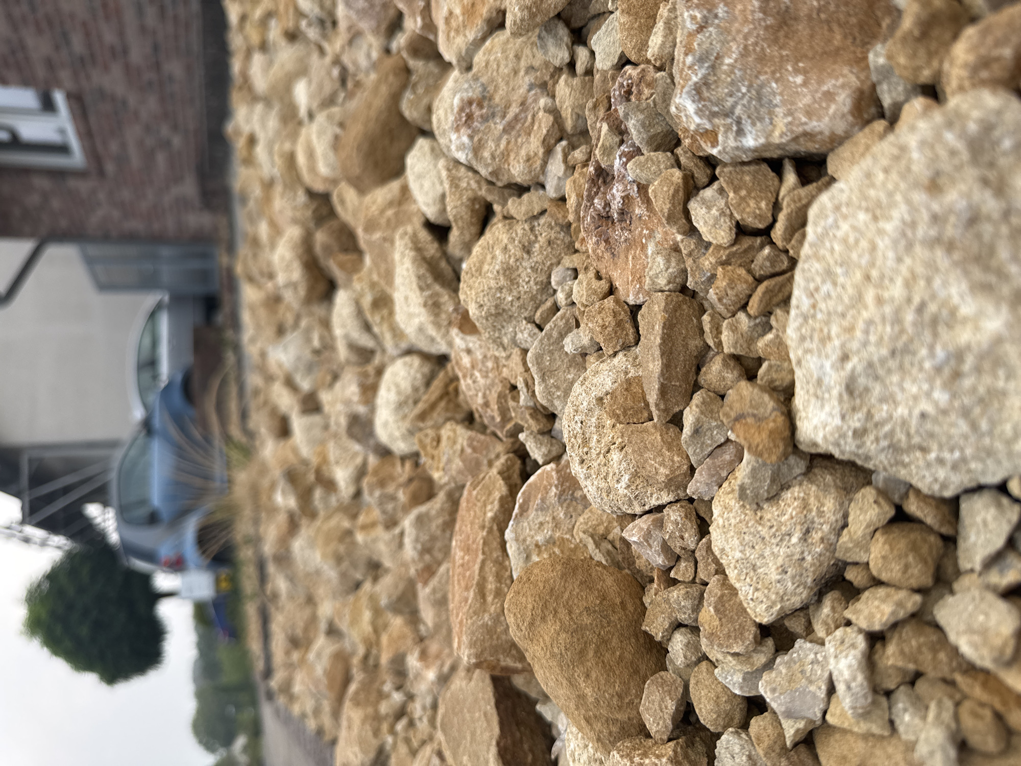 The image captures a low-angle, ground-level view of a gravel path or yard, likely in a residential area of Überherrn, Germany. The foreground is dominated by a dense scattering of various sized stones, predominantly in shades of tan, brown, and grey, with some exhibiting reddish or whitish mineral deposits. These stones vary in texture, from smooth and rounded to rough and angular.
In the mid-ground and background, the scene becomes progressively out of focus. A blue car is visible, parked in front of a brick building with a white-framed window. A tall, dark-green tree stands to the left of the car, its shape somewhat obscured by the blur. The building appears to be a house or other structure with a pitched roof, and a section of a grey metal fence is also present. The overall environment suggests an outdoor setting, possibly a driveway or garden area. The lighting is soft and diffused, indicating an overcast or cloudy day. No people are visible in the image, and there are no discernible actions or interactions taking place. The focus is entirely on the textures and arrangement of the rocks in the foreground.