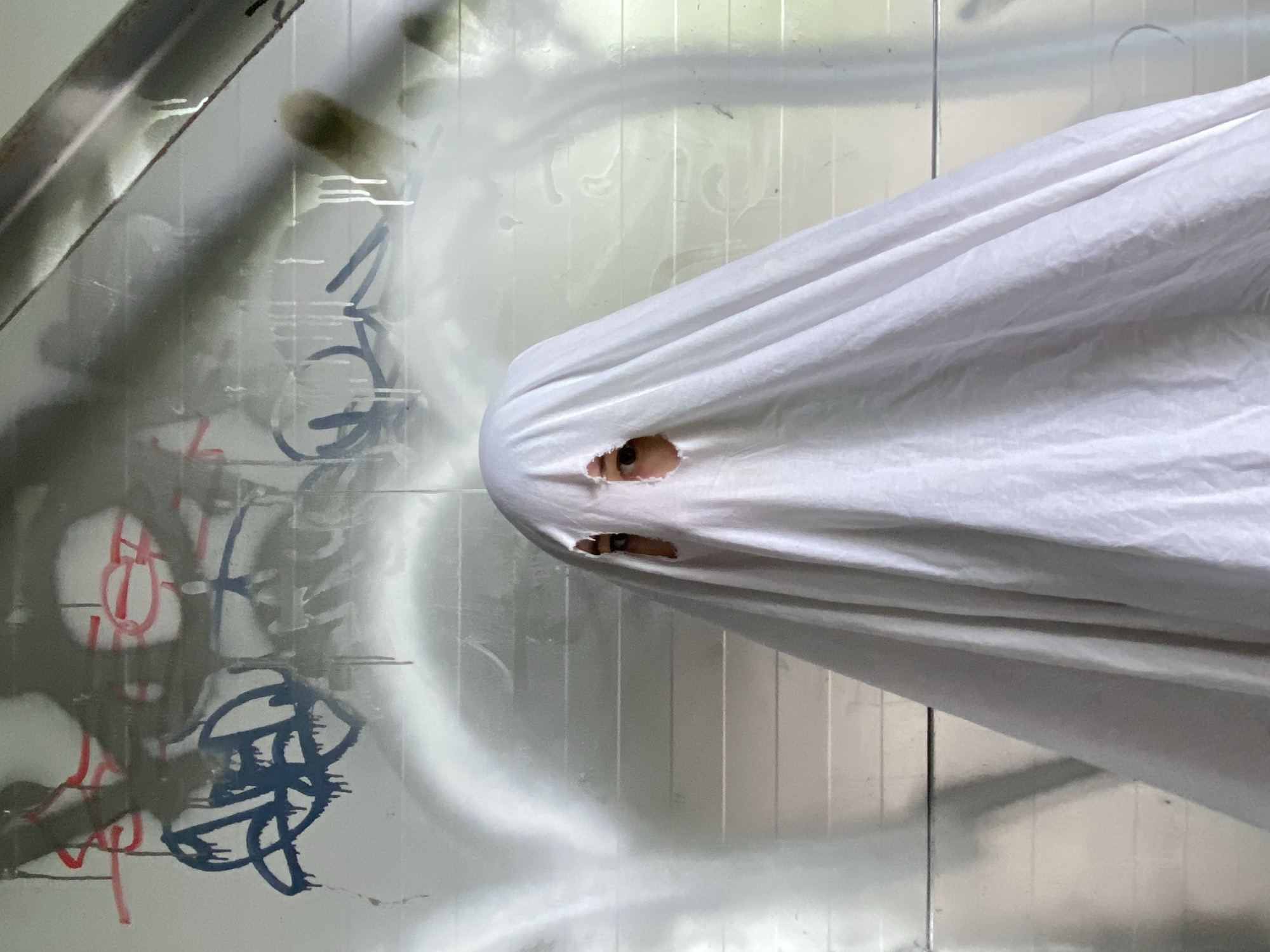 A person is draped in a white sheet, resembling a ghost, in front of a graffiti-covered wall. The sheet has two eye-shaped holes through which the person's eyes are visible. The background wall is white with horizontal paneling and is covered in spray paint graffiti, primarily in red, blue, and black. There are also streaks of white paint dripping down the wall. The scene appears to be outdoors or in an open industrial-like space, given the metallic sheen of the wall and the presence of a pipe running diagonally across the upper right portion of the image. The lighting suggests it is daytime, possibly overcast. The specific location in Khabarovsk, Russia, cannot be determined from the visual information provided in the image.