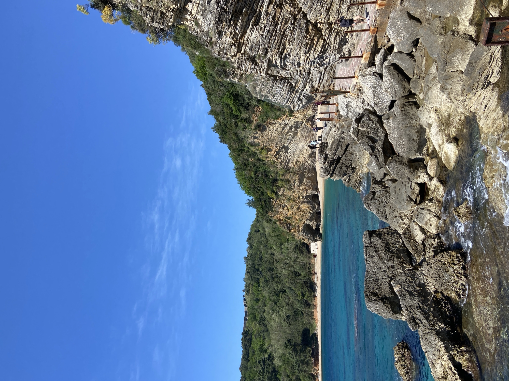 This vibrant coastal landscape, likely located in Budva, Montenegro, captures a serene scene under a clear blue sky. The image depicts a beautiful sandy beach nestled at the base of towering, stratified rock cliffs adorned with lush green vegetation.
The foreground features large, grey and brown boulders and rocks, with crystal-clear turquoise waters gently lapping against them, showing glimpses of the rocky seabed. Towards the right, waves crash softly, creating white foam. A prominent feature is a wooden walkway, supported by metal beams, built directly into the side of the rugged cliffs, suggesting a path connecting different parts of the coastline.
Several people are visible along this walkway and on nearby platforms. One individual, wearing a dark top and light shorts, is seen lying down on what appears to be a sunbathing platform, suggesting relaxation. Other figures are scattered along the path, either walking or standing, enjoying the sunny day.
The sky overhead is a bright, unblemished blue with only a few wispy, white clouds towards the upper right. The sunlight is strong, indicating a clear day, likely midday or early afternoon, as evidenced by the distinct shadows cast by the cliffs and rocks. The overall atmosphere conveys natural beauty, tranquility, and a pleasant holiday setting. There are no clearly visible or readable texts in the image, although some faint markings on a sign-like object on the walkway are unidentifiable.