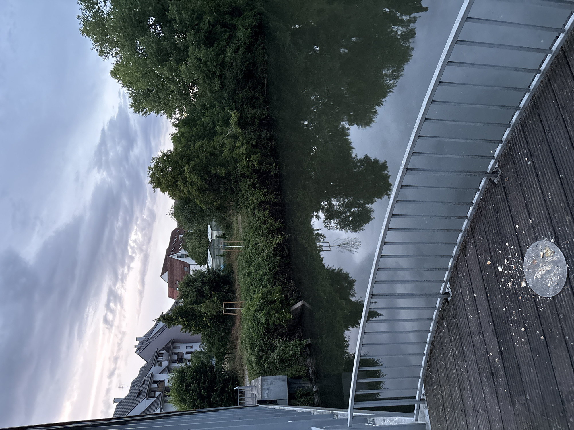 A high-angle, canted view shows a railing and a wooden walkway along a body of water reflecting trees. The trees line the opposite bank. Beyond the trees are buildings, and above are clouds. Debris is scattered on the walkway next to a clear, round plastic plate.