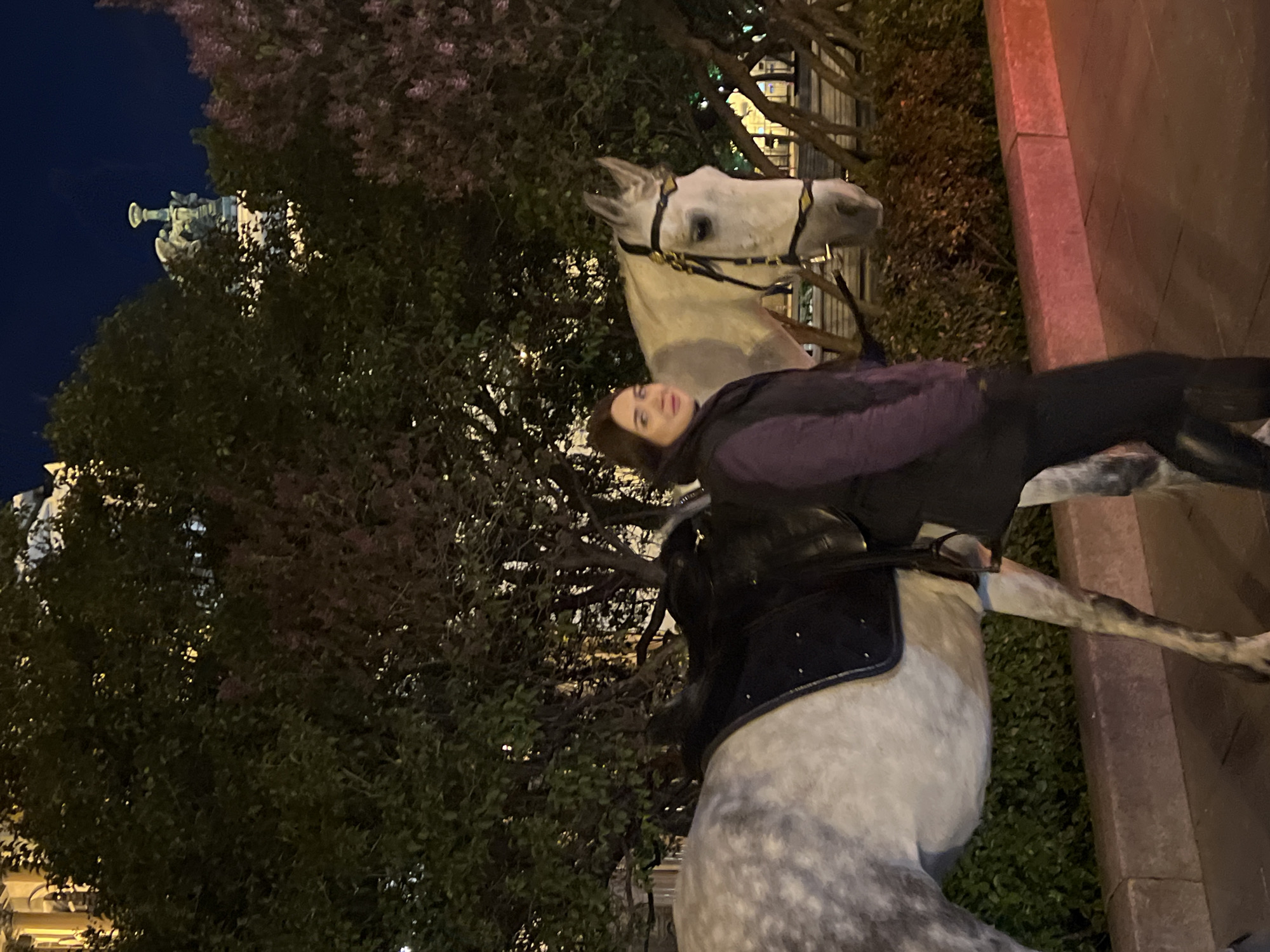 A medium shot depicts a person sitting astride a white horse, likely for tourist photos. The person, a woman with dark hair, is positioned on the horse's back, facing forward with a slight turn towards the camera. She is wearing a dark-colored jacket and pants. The horse has a saddle and bridle, and appears to be stationary. The background features greenery, including trees and bushes, with some architectural elements visible in the distance.
Based on the details, particularly the architectural style and the presence of a horse-drawn carriage service for tourists, the location appears to be Saint Petersburg, Russia. The monument or building visible in the upper left corner through the trees suggests the vicinity of Palace Square, a well-known tourist destination.