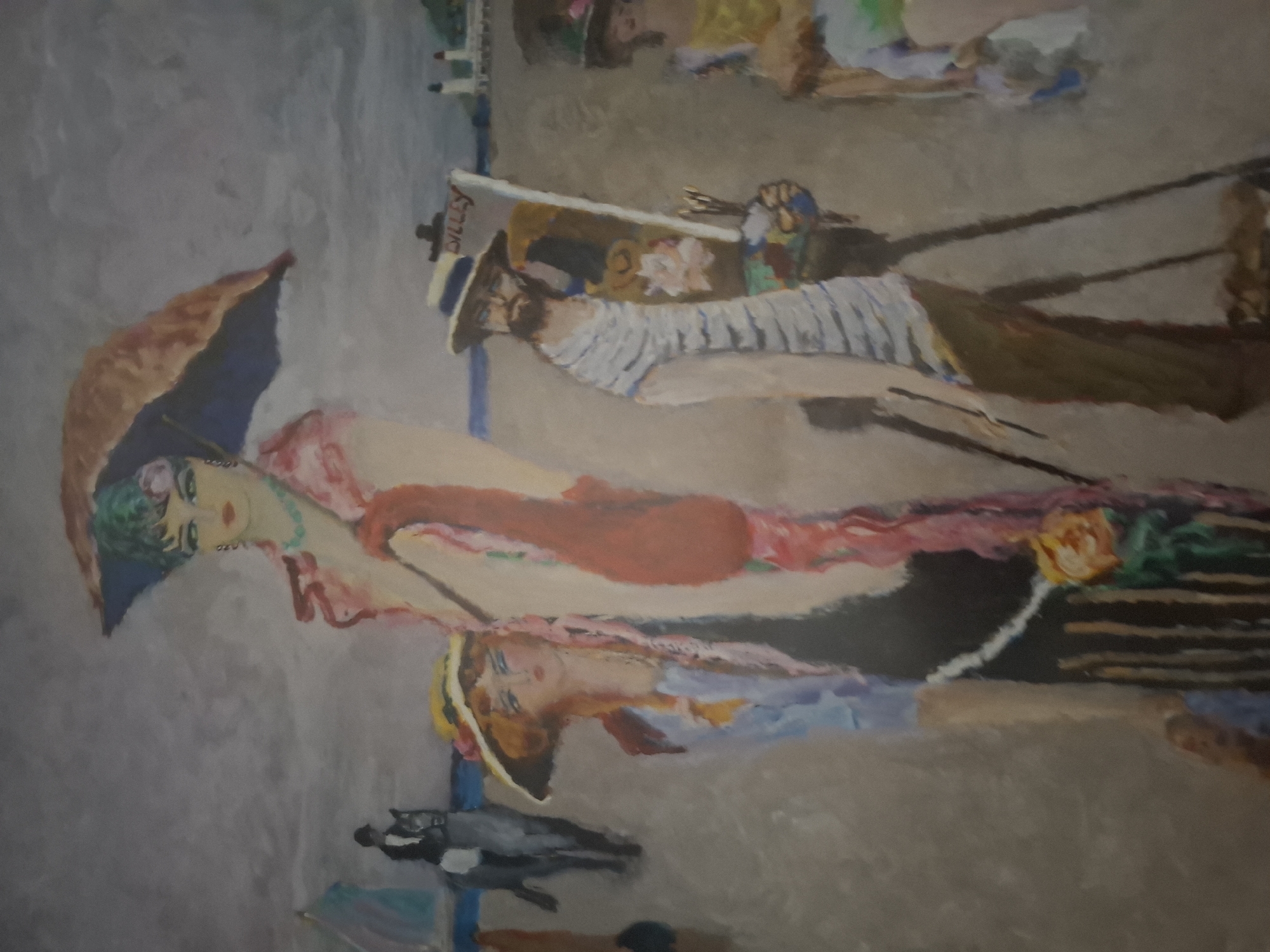 The painting depicts a beach scene with several figures. In the foreground, a tall woman with elaborate makeup and a teal necklace stands holding a large umbrella over her head. She wears a pink shawl draped over her shoulders and a red purse. To her left, a woman in a yellow hat and blue dress looks towards the viewer. To the right of the tall woman, a man with a beard, wearing a striped shirt and a straw hat, stands at an easel painting. The easel holds a canvas with an image of flowers and the word "DILLEY" is visible. In the background, a person on horseback rides away from the viewer. A sailboat with a teal sail is also visible in the background. Further in the distance, there are hints of buildings or structures along the horizon, possibly representing the distant coastline or a town. The overall mood is somewhat stylized and reminiscent of early 20th-century art. The painting does not contain any visual information that would suggest a specific location in Montreuil, France.