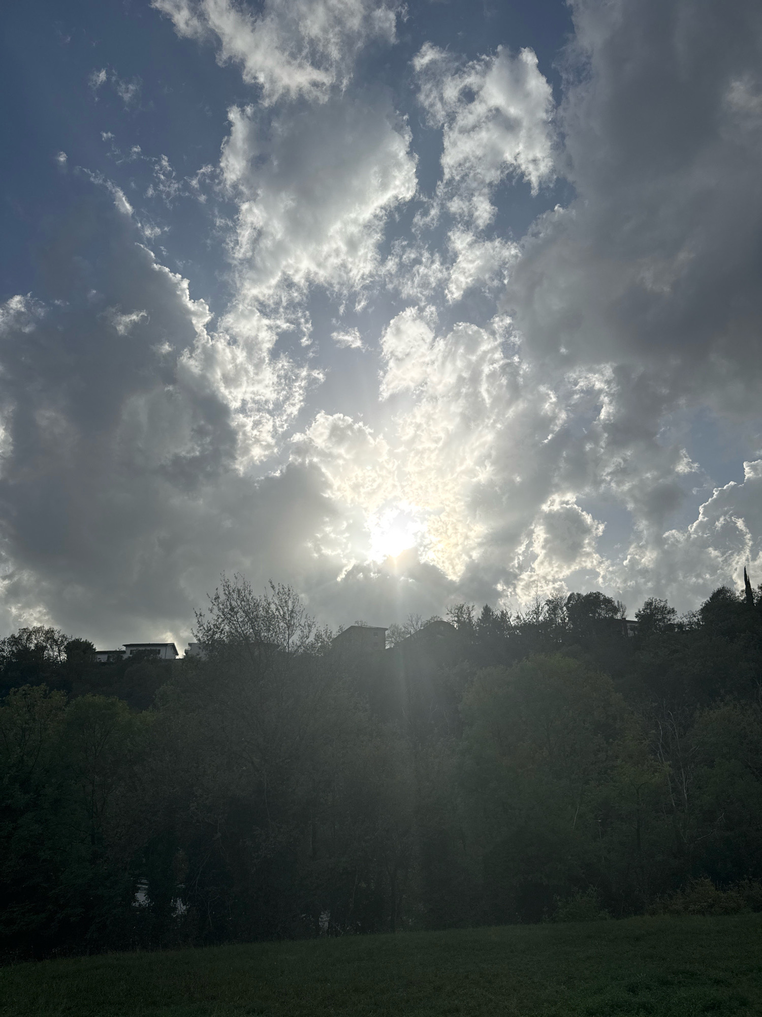 The image captures a view of a hillside in Morbio Inferiore, Switzerland, under a dramatic sky filled with clouds and sunlight. The foreground consists of a grassy field. Behind the field, a dense line of trees forms the base of the hillside, with some bare branches visible, suggesting it might be late spring or early autumn. Several houses with white facades and dark roofs are perched on top of the hill, partially obscured by trees. The sun is positioned in the upper center of the frame, breaking through the clouds and creating a bright, luminous effect with light rays extending outward. The clouds are a mix of dark grays and bright whites, indicating dynamic weather conditions. The overall scene is natural, with no people or overt actions depicted.