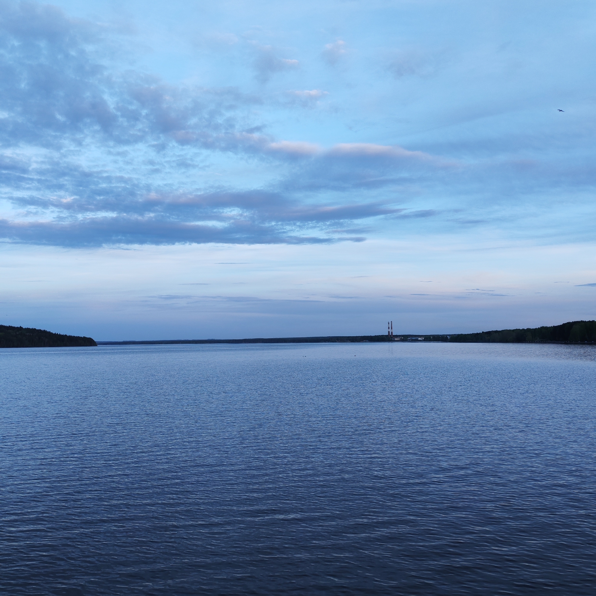 The image depicts a wide view of the Kama River at dusk in Chaikovsky, Russia. The water stretches across the majority of the frame, with gentle ripples visible on the surface. On the distant shore, a dark line of trees indicates the forest edge. Slightly left of center on the horizon, two tall, red and white striped smokestacks stand prominent, likely belonging to an industrial facility. The sky is filled with light blue hues and soft, scattered clouds. A single bird is seen flying in the top right corner of the sky.