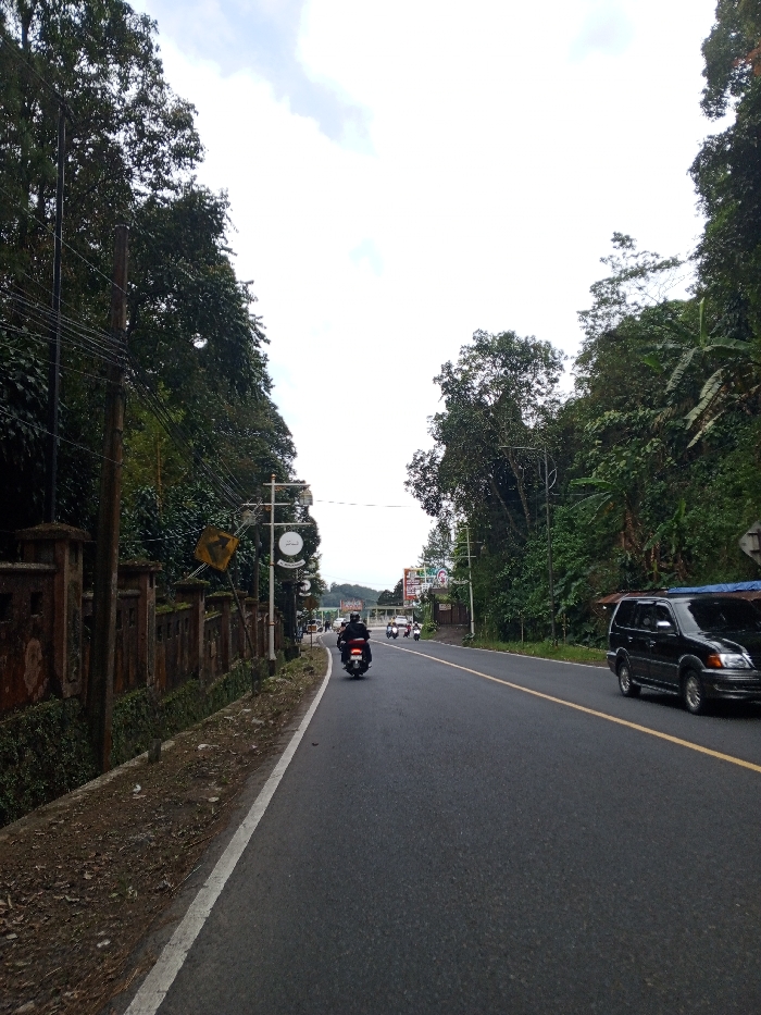 The image depicts a rural or semi-urban road in Ciloto, Indonesia, under an overcast sky. The asphalt road features a solid yellow center line separating opposing traffic lanes and a solid white line defining the shoulder on the left.
On the left side of the road, a dark utility pole with numerous overhead wires stands adjacent to a weathered, low concrete or stone fence. Behind the fence is dense green foliage. A yellow diamond-shaped road sign with a black left-curving arrow is visible, leaning against the fence. Further along, a vertical pole displays multiple circular white commercial signs.
On the right side of the road, dense, tall green trees and tropical vegetation line the thoroughfare, extending up a hillside. A black SUV, possibly a Toyota Kijang, with dark tinted windows, is traveling towards the viewer in the right lane.
In the left lane, moving away from the viewer, a person wearing a dark jacket and helmet rides a black motorcycle with a visible red taillight. Further in the distance, several other motorcycles are also traveling away from the camera in the same lane. Beyond them, a large, colorful billboard-style sign is visible on the right, next to a building. The road curves gently into the distance, with more vehicles visible ahead.
