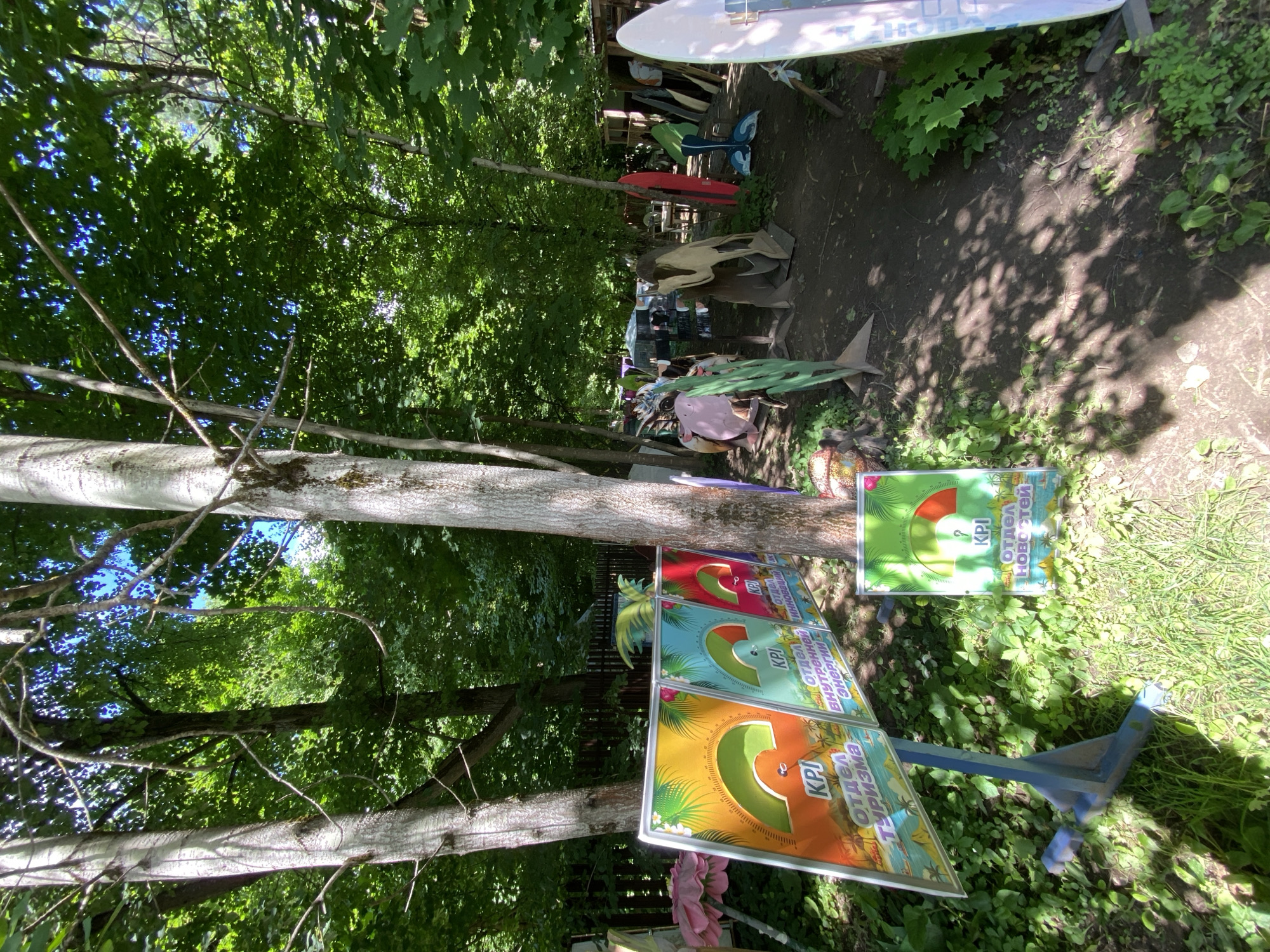 This media file captures an outdoor scene in Obninsk, Russia, likely during the daytime on a sunny day, indicated by the dappled sunlight and shadows on the ground. The setting appears to be a wooded area or yard, with mature trees and lush green foliage dominating the frame. Scattered among the greenery are various objects, suggesting a display or perhaps a workshop area.
Prominently featured are several colorful signs or posters, each featuring a gauge-like graphic with the letters "KPI" and some text in Russian. One sign reads "ОТДЕЛ НОВОСТЕЙ" (News Department), another "ОТДЕЛ ВНУТРЕННЕЙ ЭНЕРГИИ" (Internal Energy Department), and a third "ОТДЕЛ ТУРИЗМА" (Tourism Department). These signs are mounted on a blue metal stand.
In the background, other objects are visible, including what appears to be a surfboard or paddleboard, several pieces of what might be metal art or sculptures shaped like animals (such as a fish, a bird, and a whale tail), and some wooden planks. The overall impression is a somewhat eclectic and artistic arrangement in a natural setting. No people are clearly visible, though there might be a blurred figure in the distance behind some of the objects. The scene evokes a sense of a creative or recreational space, possibly an outdoor art installation or a place where outdoor activities are organized.