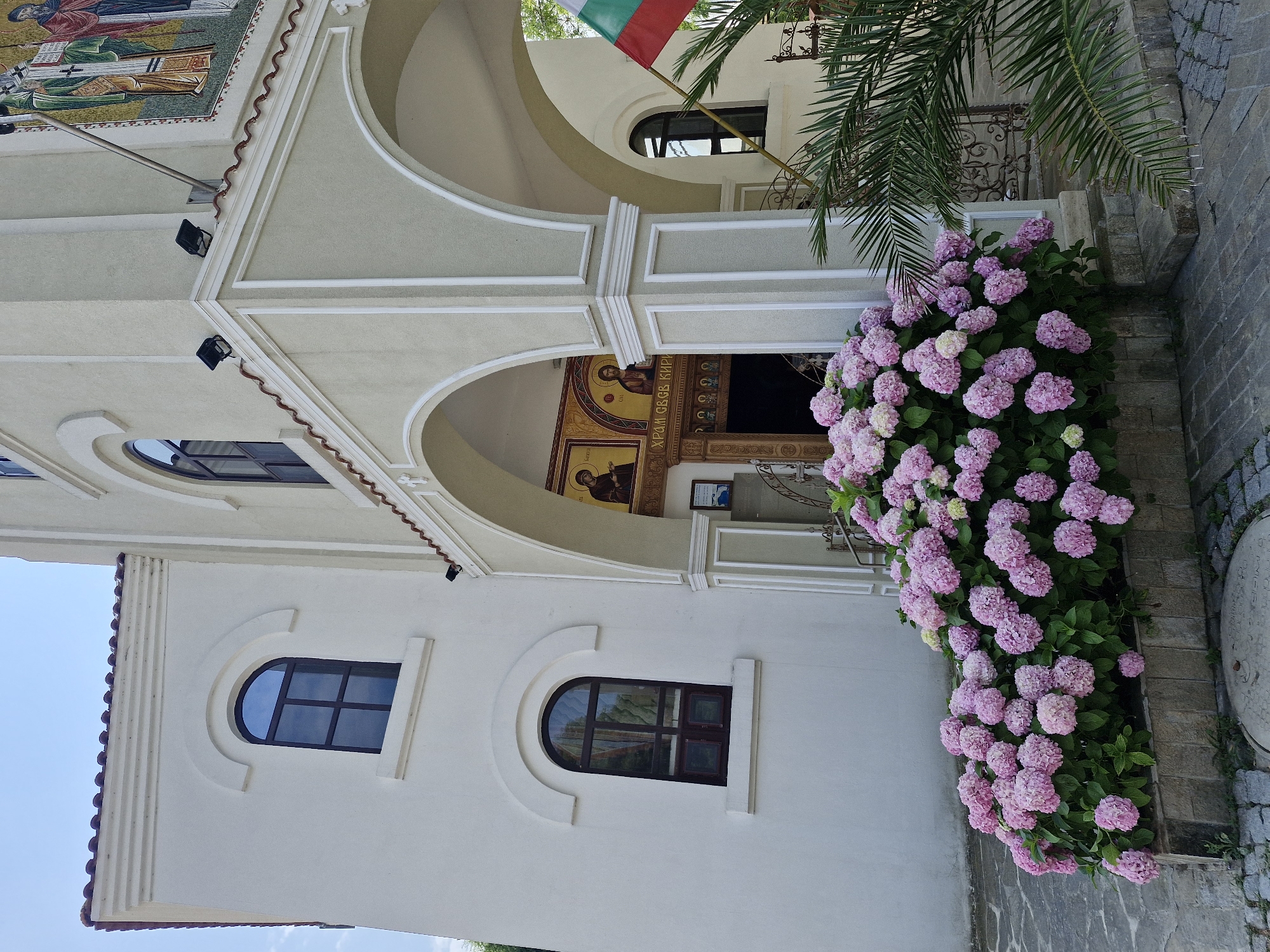 The image depicts the exterior of a church in Sozopol, Bulgaria, specifically the Church of Saint George, as indicated by the text above the entrance. The church features a light-colored facade with arched windows and doorways. A large bush of pink hydrangeas is prominently featured in the foreground, situated on a stone planter. The entrance to the church is adorned with religious mosaics. A Bulgarian flag is visible, attached to a pole and partially obscured by palm fronds. The ground is paved with cobblestones. The sky above is clear and blue. There are no people visible in the scene.