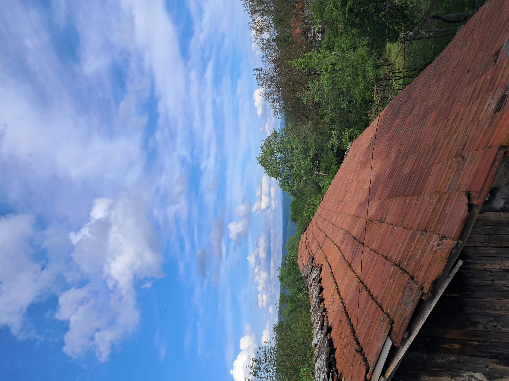 The image shows a view of a rusty, corrugated iron roof of a weathered wooden structure. The sky is visible with blue patches and scattered clouds. The background includes a green treeline suggesting a rural location. Based on the query context, this scene is potentially located in Seykovtsi, Bulgaria. No people, specific actions, or interactions are visible in the image.