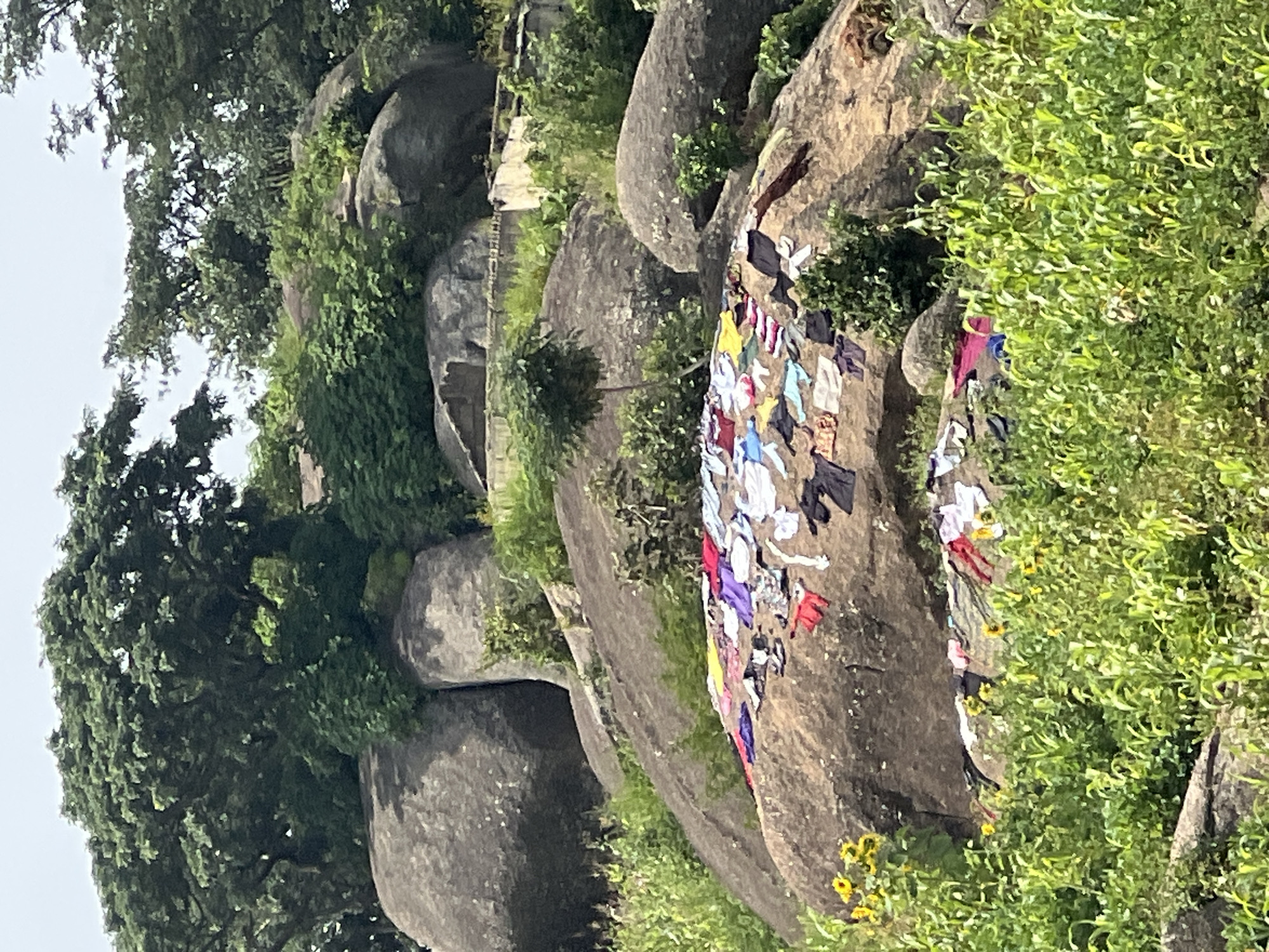 In the city of Jos, Nigeria, a large, weathered rock formation dominates the landscape, its surface uneven and textured. Piles of colorful laundry, including shirts, pants, and other garments, are spread out across the rock to dry. The clothing varies in color, with prominent hues of red, yellow, blue, purple, and white visible. Surrounding the rock is lush green vegetation, including tall grasses and leafy plants, with a few yellow sunflowers adding pops of color. In the background, more large rocks and dense trees with dark green foliage are visible, suggesting a natural, possibly rural or semi-rural, setting within Jos. The sky above is overcast and light in color.