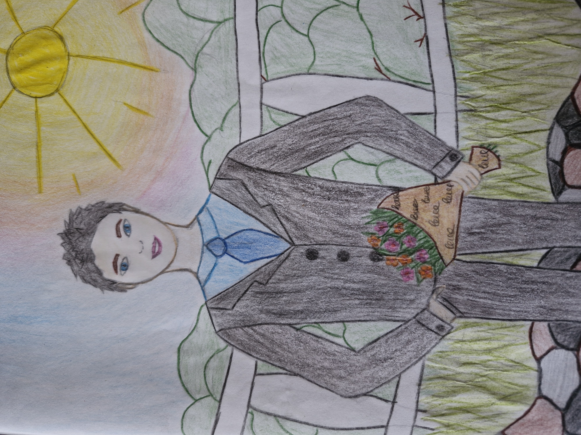 The image is a colored pencil drawing depicting a young man in a suit holding a bouquet of flowers. He has short, dark hair, blue eyes, and is smiling. He is wearing a grey suit jacket over a light blue shirt and a darker blue tie. The bouquet is small and consists of various colored flowers, including pink, orange, and green. The background appears to be a landscape with green hills and a bright yellow sun in the sky. There is a white structure that resembles a railing or fence in the middle ground. The foreground shows a patch of grass and some rocks. There are no discernible elements in the image that connect it to the city of Lviv, Ukraine.