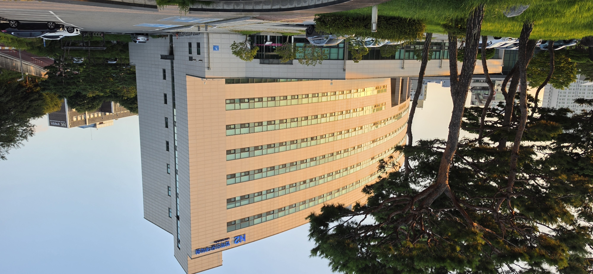 In Cheongju-si, South Korea, a modern, light-colored building with numerous windows stands prominently. The building features a curved facade and a sign with Korean text and "N2" in blue letters at the top. In front of the building, there is a parking lot with several cars. Trees with green foliage and brown trunks are situated in the foreground, casting shadows on the green grass. The scene is bathed in the warm light of what appears to be late afternoon or early evening. In the background, other buildings and trees are visible, suggesting an urban or semi-urban setting.