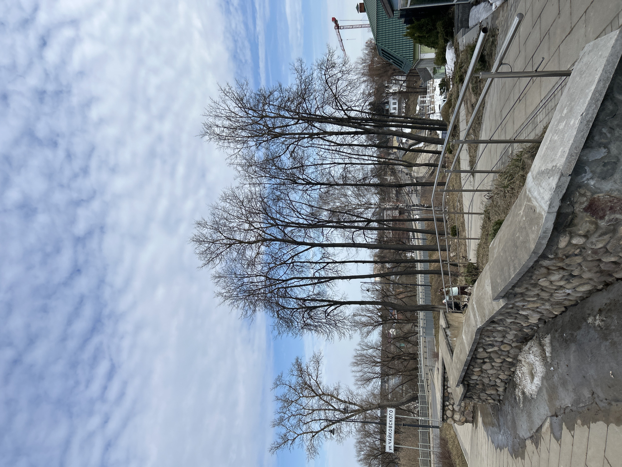 The image captures an elevated urban landscape on Tchaikovsky Street (УЛ. ЧАЙКОВСКОГО) in Klin, Russia, under a light blue sky with scattered clouds. The foreground consists of a concrete paver walkway exhibiting patches of melting snow and ice. A low retaining wall, composed of concrete and river stones, runs parallel to the path. To the right, a set of silver-colored metal handrails descends a paved incline leading to a building with a green-tiled roof, near which additional snow patches are present.
In the mid-ground, a white street sign, bearing the black Cyrillic inscription "УЛ. ЧАЙКОВСКОГО," is mounted on a pole. Beyond the sign, a road or bridge is visible, delineated by a light-colored metal barrier. A prominent cluster of tall, bare deciduous trees, interspersed with streetlights, occupies the central mid-ground. A solitary individual, partially visible near the stone wall, appears to be with a stroller or cart.
The background displays a lower-elevation section of the city, featuring multiple buildings, including distinct white residential structures. Numerous bare trees line the distant terrain. A red construction crane is visible on the right horizon, rising above the urban profile.