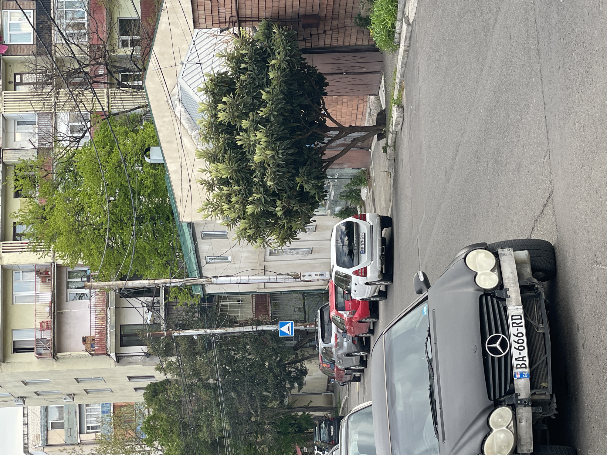 This image depicts a residential street scene in Tbilisi, Georgia, during daytime under what appears to be an overcast or partly cloudy sky. No people are visible.
In the foreground, on the right, is the front section of a dark grey Mercedes-Benz car. Its front bumper is missing, revealing the radiator, and its Georgian license plate, "BA-666-RD", is prominently displayed, along with the Mercedes-Benz logo on the grille.
Looking down the street, several other cars are parked in a line along the right side of the road, including a white Subaru Forester with the license plate "HH 172 GH", a red hatchback, and a silver sedan. A blue rectangular road sign with a white arrow pointing down and to the left is visible on a utility pole, indicating a traffic instruction. Numerous overhead power and communication lines crisscross the frame, connecting to utility poles.
To the left of the street, there's a paved sidewalk and a large, mature tree with dense green foliage, showing lighter green new growth on its upper leaves. Beyond the tree and the parked vehicles, a mix of residential buildings lines the street. These include multi-story apartment blocks with balconies and windows, some appearing older with exposed brickwork, and others with painted facades. In the background, another large, deciduous tree with bare branches is visible, suggesting either early spring or late autumn. The asphalt road shows signs of wear and cracks.