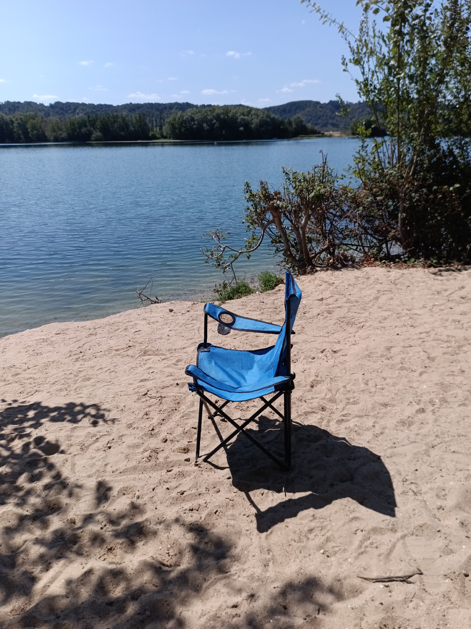 A single blue folding chair sits on a sandy shore next to a calm body of water. The water is a light blue and reflects the clear sky above, which has a few scattered clouds. In the background, a dense line of green trees forms the horizon, with rolling hills beyond them. The sand is light brown and appears slightly wet near the water's edge. Shadows from unseen foliage are cast across the sand in the foreground. The scene is serene and appears to be in a natural setting, possibly a lake or a large river, likely within the commune of Le Mesnil-sous-Jumièges, France, given the provided context.