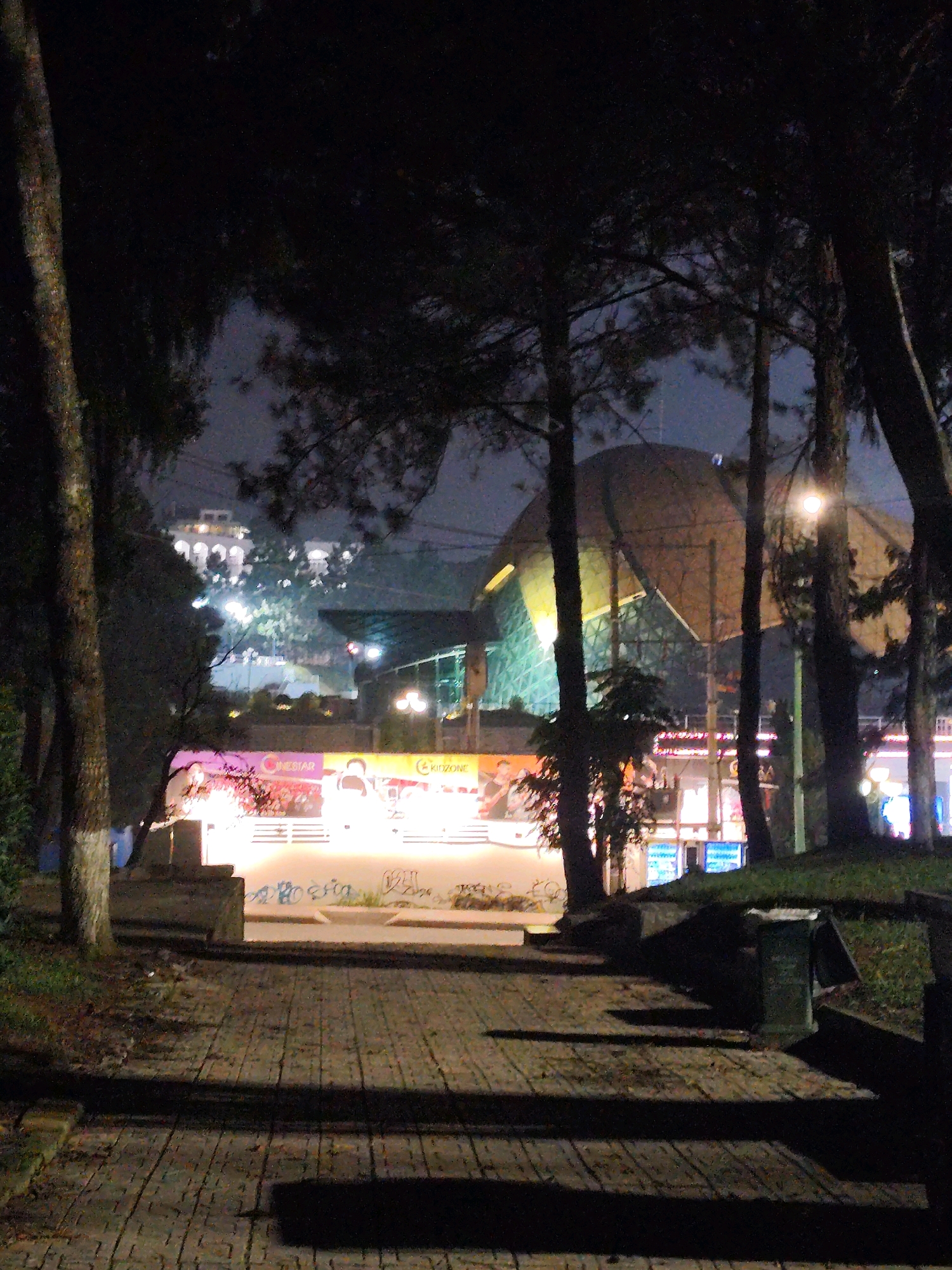 The image depicts an outdoor scene at night in Da Lat, Vietnam, likely near a commercial or entertainment area. The foreground features a paved pathway made of interlocking bricks, casting long shadows from overhead trees. To the right, a dark green trash bin is visible. In the middle ground, a brightly lit area with advertisements for "CINEMAS" and "KIDZONE" suggests a cinema complex or entertainment center. Behind this, a large, modern building with a distinctive curved, translucent roof dominates the background. Several trees with dark foliage are scattered throughout the scene, partially obscuring the view of the buildings. In the upper left background, a white building with arched windows is illuminated, perched on a hill. The overall impression is that of a lively urban night scene contrasted with the natural elements of trees and darkness.