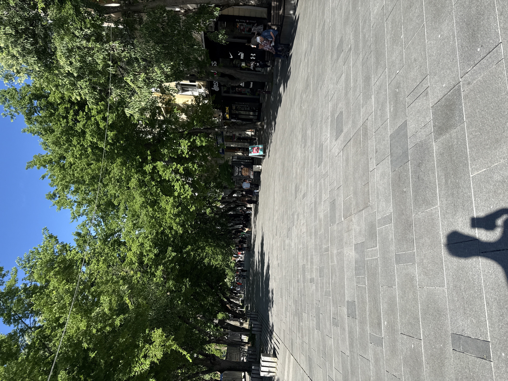 The image shows a tree-lined pedestrian street in Stara Zagora, Bulgaria. The street is paved with gray rectangular stones. Trees with green leaves line the left side, casting shadows across the paved area. Buildings and shops can be seen on the right side. There are people walking along the street. The shadow of a person holding a camera is visible on the right side of the image.