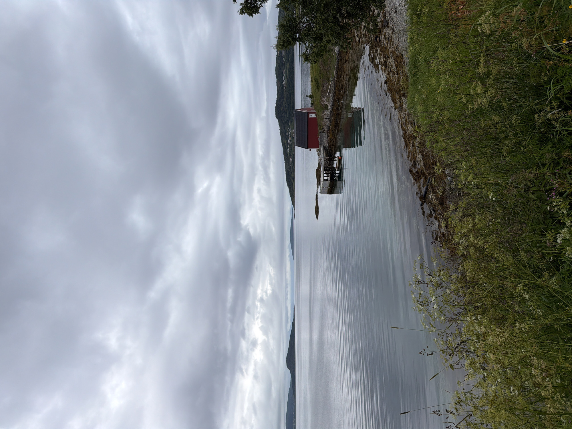 This is a photograph of a coastal scene in Harstad, Norway, under an overcast sky. In the foreground, tall green grass and wildflowers grow along the rocky shoreline. The water is calm and reflects the muted grey clouds above. A small, bright red building with a dark roof sits on a rocky outcrop, accessible by a wooden pier. A small boat is docked at the pier. In the background, several islands with tree-covered hills and some scattered buildings are visible in the distance, extending across the horizon. The overall atmosphere is subdued and peaceful.