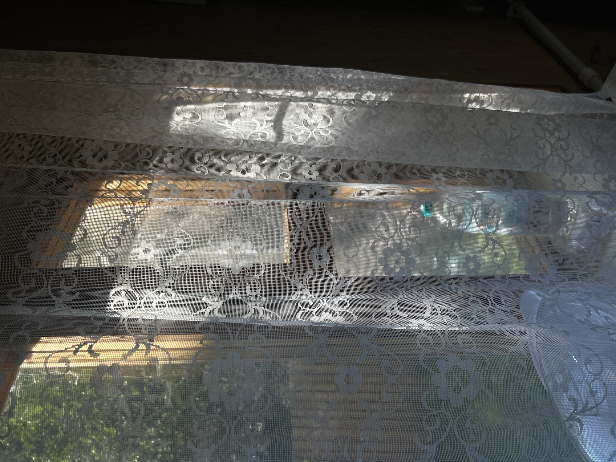 The image depicts a window with white lace curtains drawn across it. Sunlight streams through the window, casting shadows and highlighting the floral patterns of the curtains. Outside the window, greenery and a wooden fence are visible. On the windowsill, there is a plastic bottle of water. The scene appears to be an interior shot of a room, possibly a residence, with a dark wall visible on the right side of the frame. There are no people present in the image. The overall impression is one of a domestic setting bathed in natural light.