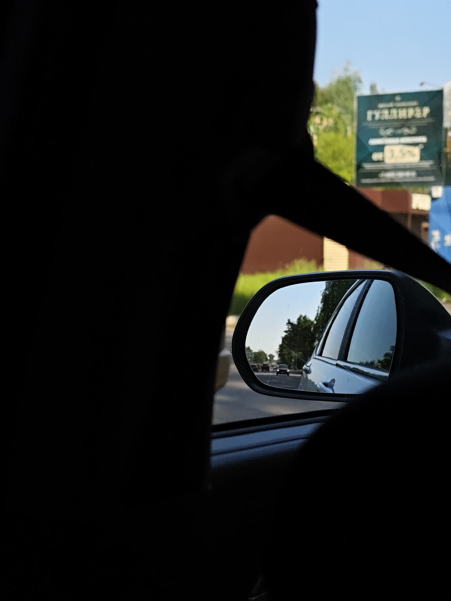 The image depicts a view from inside a car, with a dark silhouette of the driver and interior occupying much of the foreground. The car's side mirror is visible, reflecting a road with other cars. In the background, a banner with Cyrillic text is partially visible, advertising "ГУЗАЛИРЕР" (GUZALIRER) with a percentage "3.5%". The overall setting appears to be an urban environment, likely in Chaikovsky, Russia, based on the Cyrillic text on the advertisement. The scene seems to be taken during daylight hours, as evidenced by the lighting in the side mirror reflection and the background.
