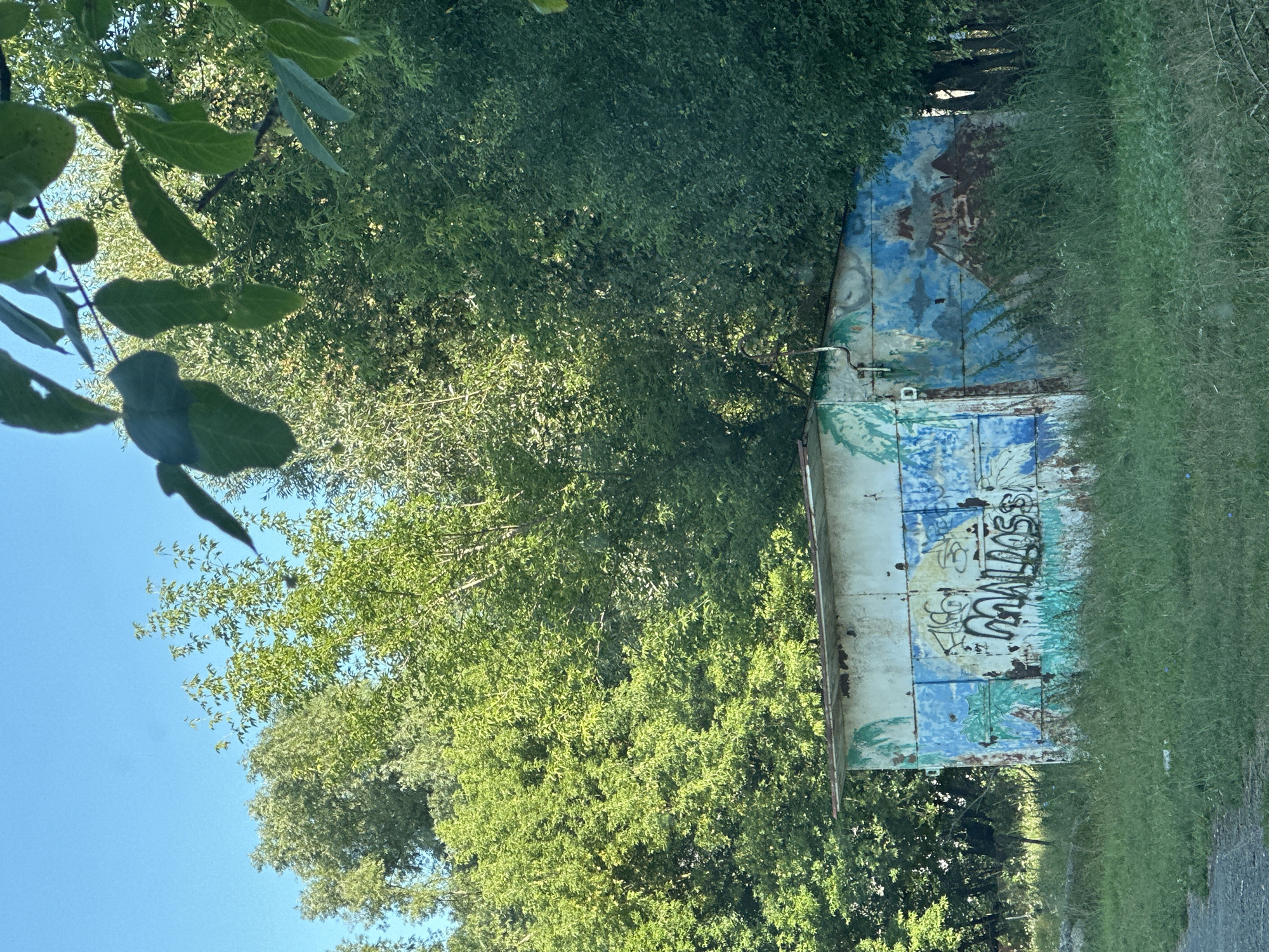 The image shows a small, dilapidated, metal shed on a grassy area. The shed is adorned with faded and peeling paint, featuring a mural with what appears to be a stylized landscape including palm trees and mountains, along with graffiti. The shed is situated in front of a dense wall of green trees under a clear blue sky. The foreground consists of dry grass and a dirt path. The scene suggests an outdoor, possibly rural or semi-urban, environment in Makiv, Ukraine. There are no people or animals visible in the image.