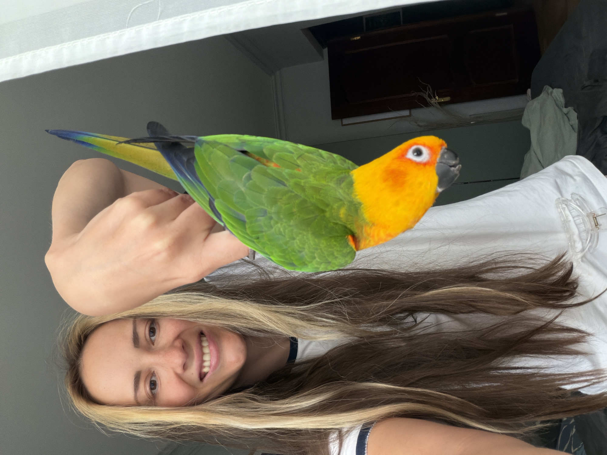 A young woman with blonde and brown highlighted hair is smiling at the camera. She is wearing a white shirt with a navy stripe. A green and yellow parrot is perched on her arm. The parrot has a yellow head and a blue tail. The background is a white curtain and a dark wooden cabinet. The location is indeterminate.