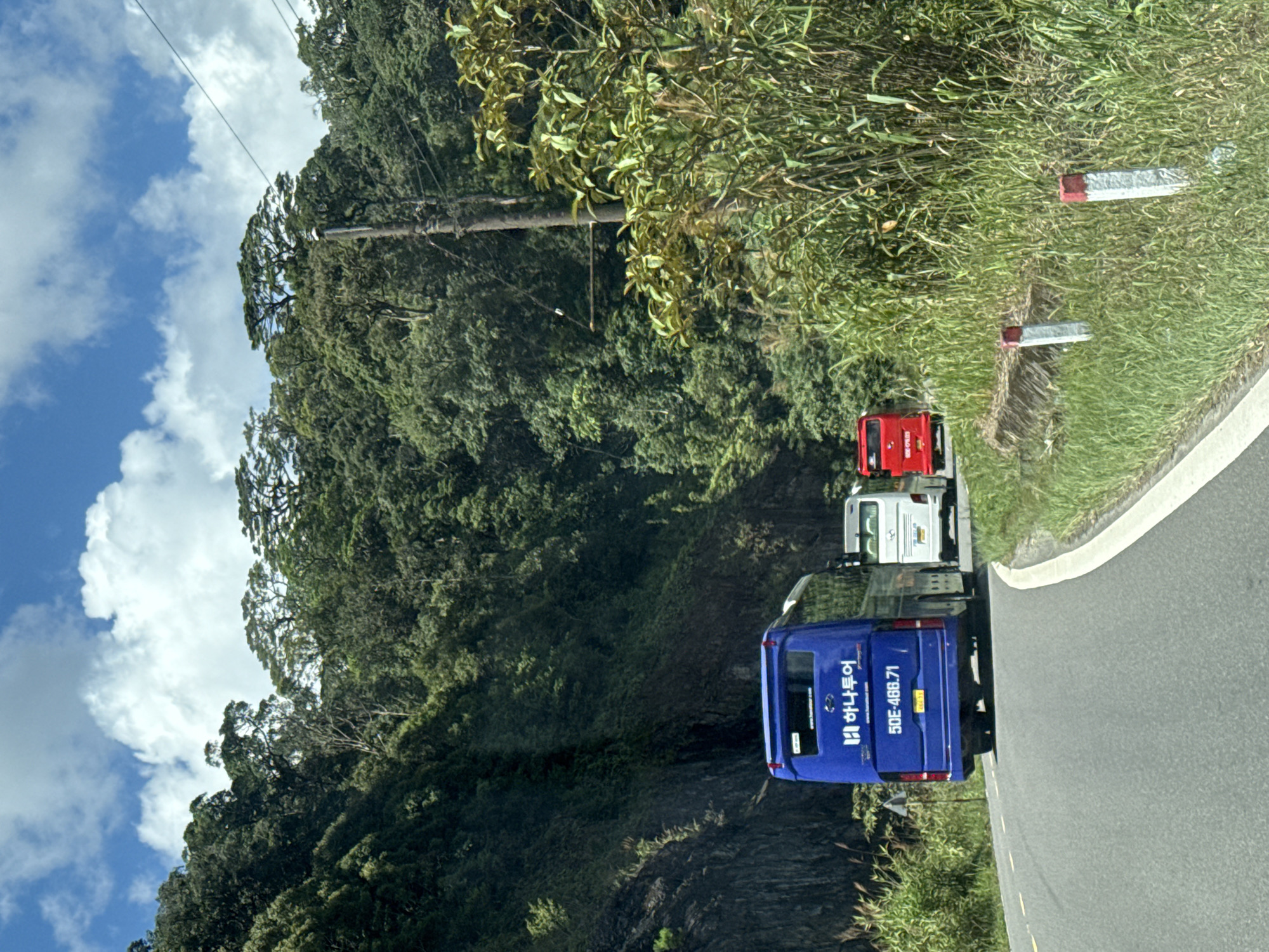 The image captures a winding road in the city of Lac Duong, Vietnam, flanked by lush green foliage and a steep, rocky mountainside on the left. The road surface is asphalt, marked with a white line. Several vehicles are visible, including a large blue tour bus with Korean writing on the back, a white mini-van, and a red bus further ahead. The blue bus displays the license plate "50E-466.71". The environment is characterized by dense vegetation, including tall grass and trees, and a bright blue sky with scattered white clouds. The scene suggests a travel route through a mountainous or hilly region, possibly a scenic area.