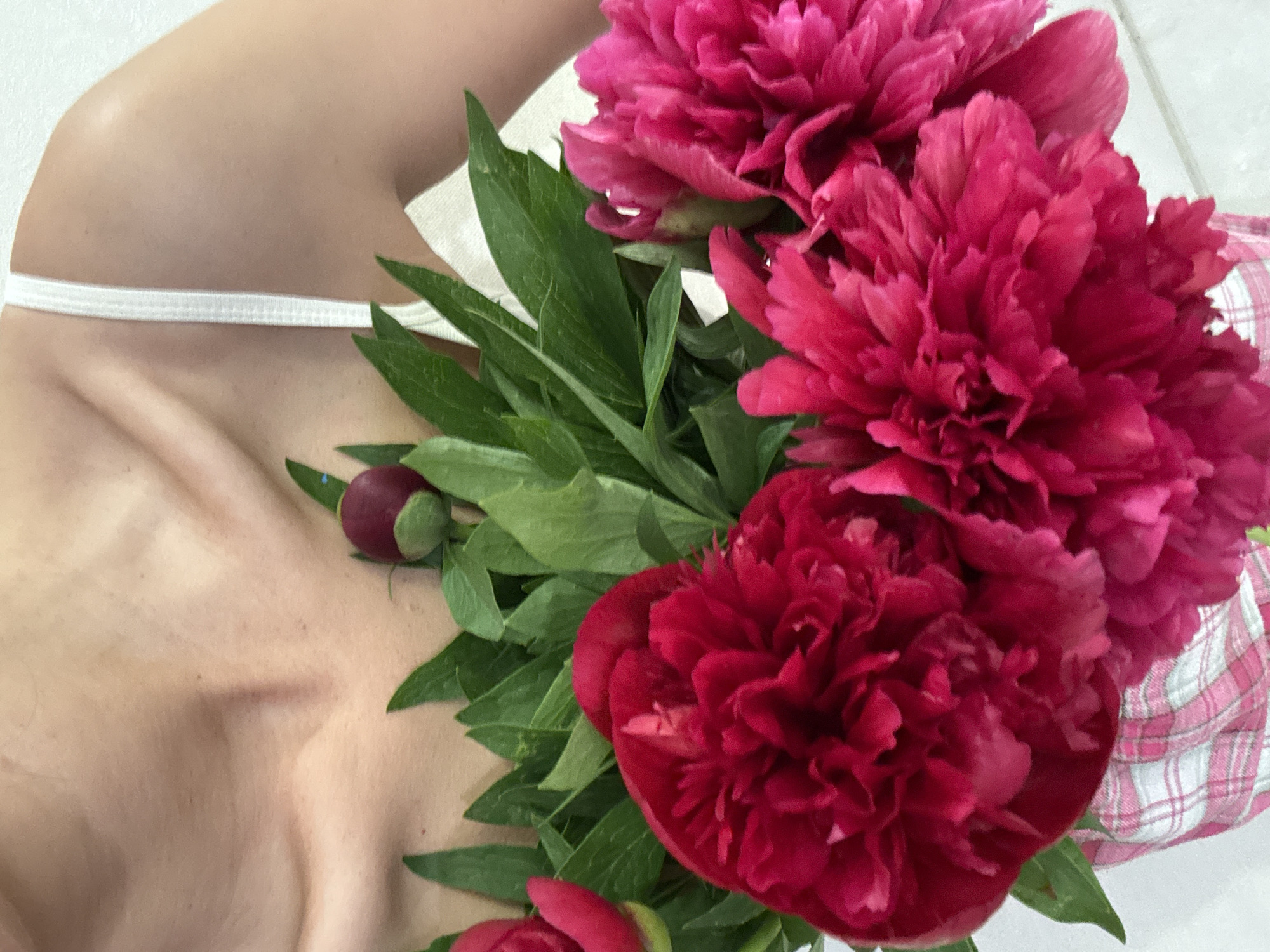 The image shows a person's chest and shoulder, partially covered by a bouquet of red peonies with green leaves and buds. A thin white strap of clothing is visible on the shoulder. A piece of pink and white plaid fabric is partially visible on the right edge of the image behind the flowers. The background is a solid white surface. There is no information to suggest that this image was taken in Chaikovsky, Russia.