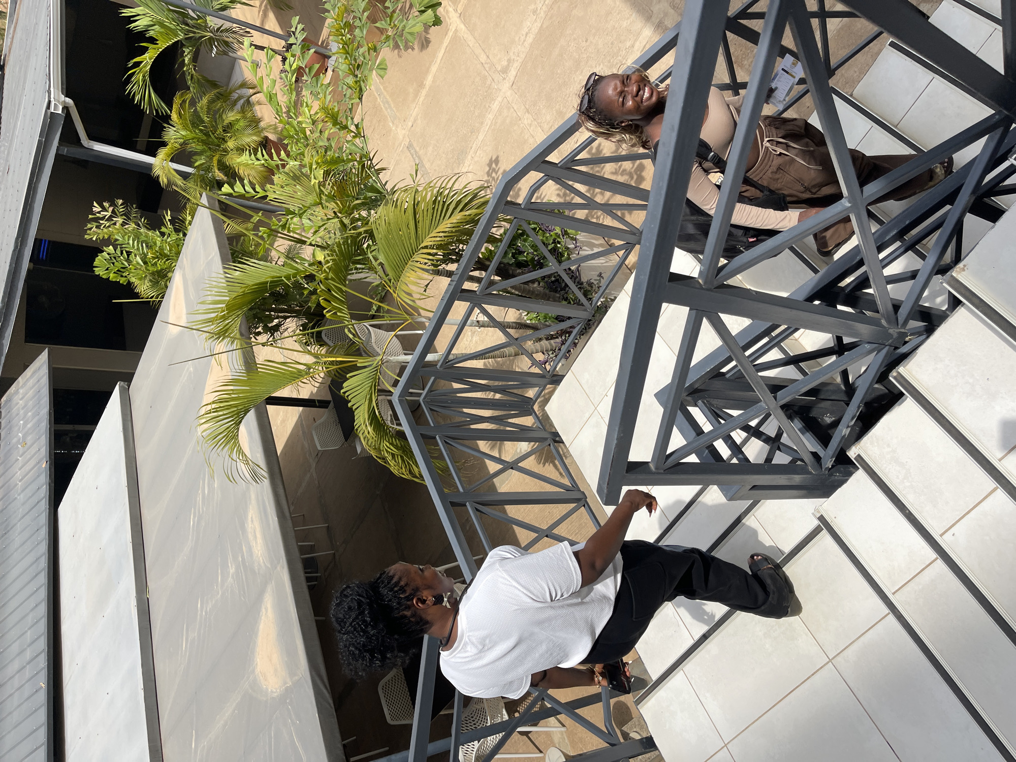 The image, taken in Abuja, Nigeria, captures an outdoor scene featuring two women on a modern metal staircase. The photo is taken from a high angle looking down the stairs.
In the foreground, a woman with dark hair styled in braids or twists wears a white short-sleeved t-shirt, black pants, and black open-toed sandals. She stands on the light-colored tiled stairs, her back mostly to the camera, looking upwards towards the next landing.
Further up the staircase, another woman is visible, smiling warmly towards the camera. She wears a light brown long-sleeved top and brown cargo-style pants with light-colored open-toed sandals. Her hair has blonde highlights, and sunglasses rest on her head. A black bag is visible across her body.
The staircase features a dark grey, geometrically patterned metal railing. The stairs and surrounding ground are covered with light-colored, possibly white or cream, tiles. Various green plants, including palm-like varieties and bushy foliage, are arranged in planters alongside the stairs, adding a tropical touch to the setting. Some white mesh chairs are visible in the background.
Bright natural sunlight illuminates the scene, casting distinct shadows, indicating it is daytime with clear, sunny weather. The background shows parts of a building with grey walls and additional greenery. A small, white, illegible paper or sign is visible near the upper woman on the railing. The overall atmosphere appears relaxed and cheerful.