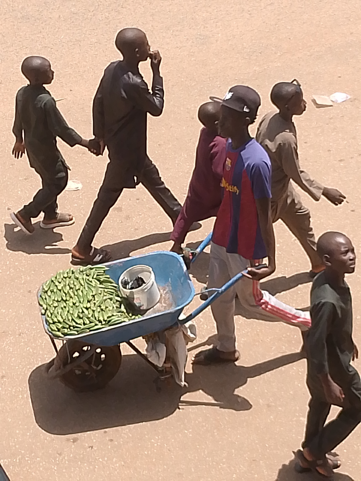 The image depicts a street scene in Bukuru, Nigeria. Six young individuals are visible. Two boys in dark-colored clothing are walking hand-in-hand. A third, wearing a dark-colored outfit, is walking separately. Another boy is pulling a blue wheelbarrow filled with green pods (likely okra) and a white bucket containing smaller dark objects. A boy wearing a Barcelona FC t-shirt and a black cap walks alongside the wheelbarrow. Another boy is walking slightly behind the boy pulling the wheelbarrow. The ground is light brown, and the image is taken from an elevated perspective. Shadows cast by the subjects suggest the presence of strong sunlight.