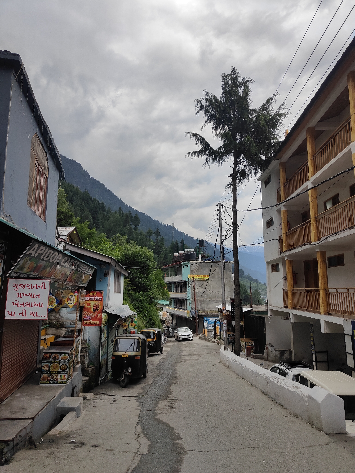 In Vashisht, India, a narrow street winds between buildings. On the left, a blue building with wooden-framed windows displays signs in Gujarati, advertising food items like "Momo" and "Pani Puri" from "APIDON CAFE JUICE BAR". A small monkey is visible on the pavement in front of this building. Further down the street, two auto-rickshaws are parked.
To the right, a multi-story building with balconies features wooden railings and appears to be a hotel or guesthouse. A tall pine tree stands near the middle of the scene, with power lines crisscrossing overhead. In the background, lush green hills covered in trees ascend towards a cloudy sky. The street itself is paved and slopes gently upwards. Several parked cars, including a white SUV with a roof rack, are visible along the right side of the street. The overall atmosphere is that of a busy but picturesque mountain town.