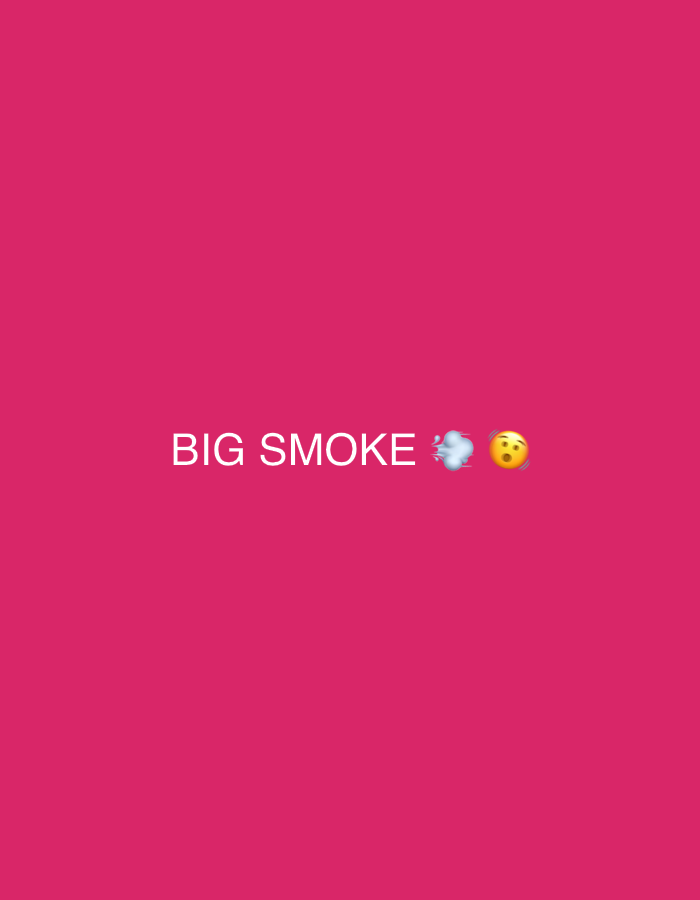 The image displays a solid magenta background (#E21F6B). Centered horizontally on the screen are the words "BIG SMOKE" in white capital letters. To the right of the text are two emojis: a grey-blue smoke puff emoji (💨) followed by a yellow surprised face emoji with wide eyes and an open mouth (😮). No physical location in Gura Top, Nigeria, or any other city, is depicted. There are no individuals, tangible objects, actions, or interactions present in the scene, as it is a digital graphic.