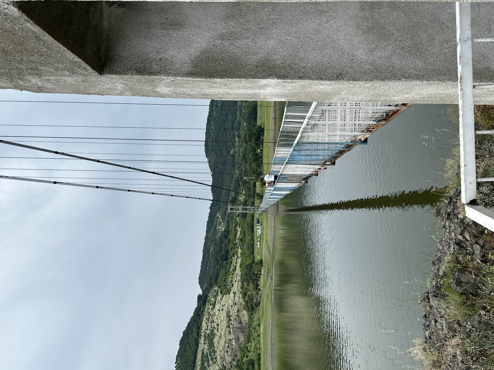 This image captures a suspension bridge spanning a body of water, likely a lake or reservoir, in Lisitsite, Bulgaria, under an overcast sky. The photograph is taken from a vantage point at the beginning of the bridge, with a large, roughly textured concrete pylon occupying the right foreground, partially framing the scene.
The bridge features numerous vertical suspension cables anchored to the unseen main cables above, descending to support a pedestrian walkway. The walkway's railings are painted in alternating sections of blue and white, showing visible signs of wear and rust in several places. Two individuals are visible on the bridge: one person in a light-colored shirt is walking towards the far end of the bridge, and another person, partially obscured, is further down the bridge.
The body of water below the bridge is calm, reflecting the bridge's structure and the distant landscape in its greenish-grey surface. On the far side of the water, rolling hills covered in lush green vegetation and patches of drier, lighter-colored grass rise from the shore. Closer to the water's edge on the opposite bank, another, smaller concrete pylon, similar in design to the one in the foreground, marks the bridge's continuation. In the mid-ground on the far shore, near the water, several light-colored vehicles (possibly trailers or small buildings) are visible, suggesting a recreational or residential area. The immediate foreground on the left features rocky terrain interspersed with dry grasses and sparse vegetation.