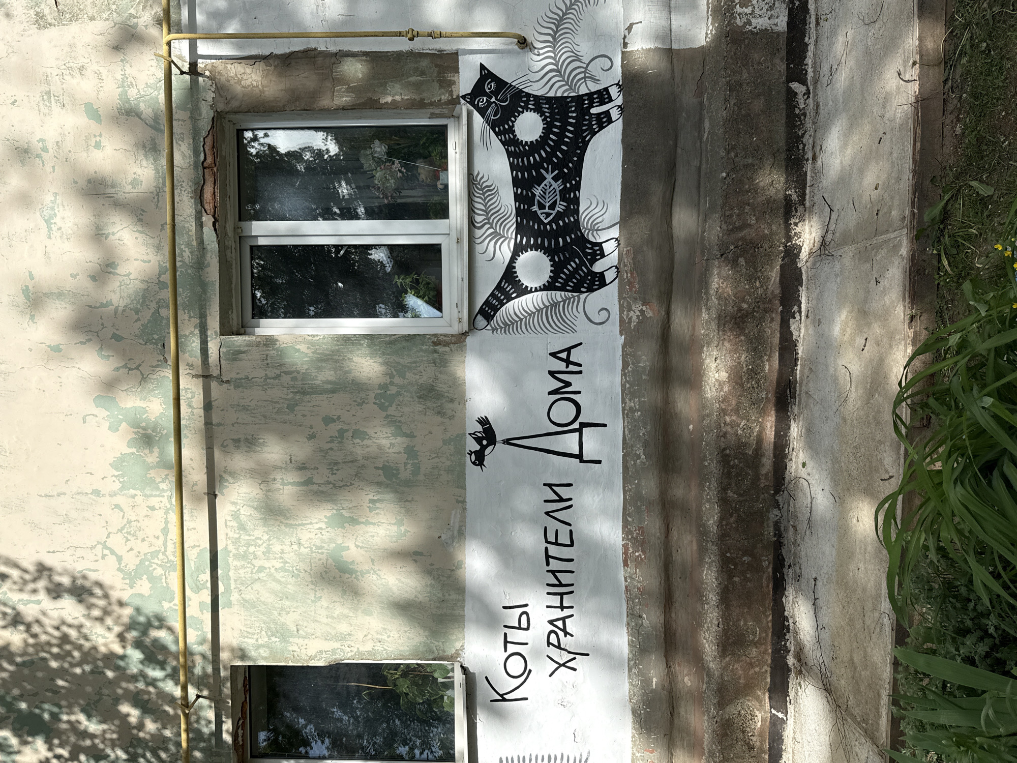 An exterior shot depicts a section of a worn building in Votkinsk, Russia. On a white painted wall, the phrase "Коты хранители Дома" (Cats, guardians of the home) is painted vertically in black Cyrillic letters. Above it, a whimsical, stylized image of a black cat with white markings is painted, adorned with fern-like details. The wall shows signs of age with peeling paint and discoloration. A white-framed window with reflections of foliage is located to the left of the cat mural. A yellow pipe runs vertically along the wall. Adjacent to the painted wall, is a weathered concrete structure. Grass and plants are visible on the right side of the image.