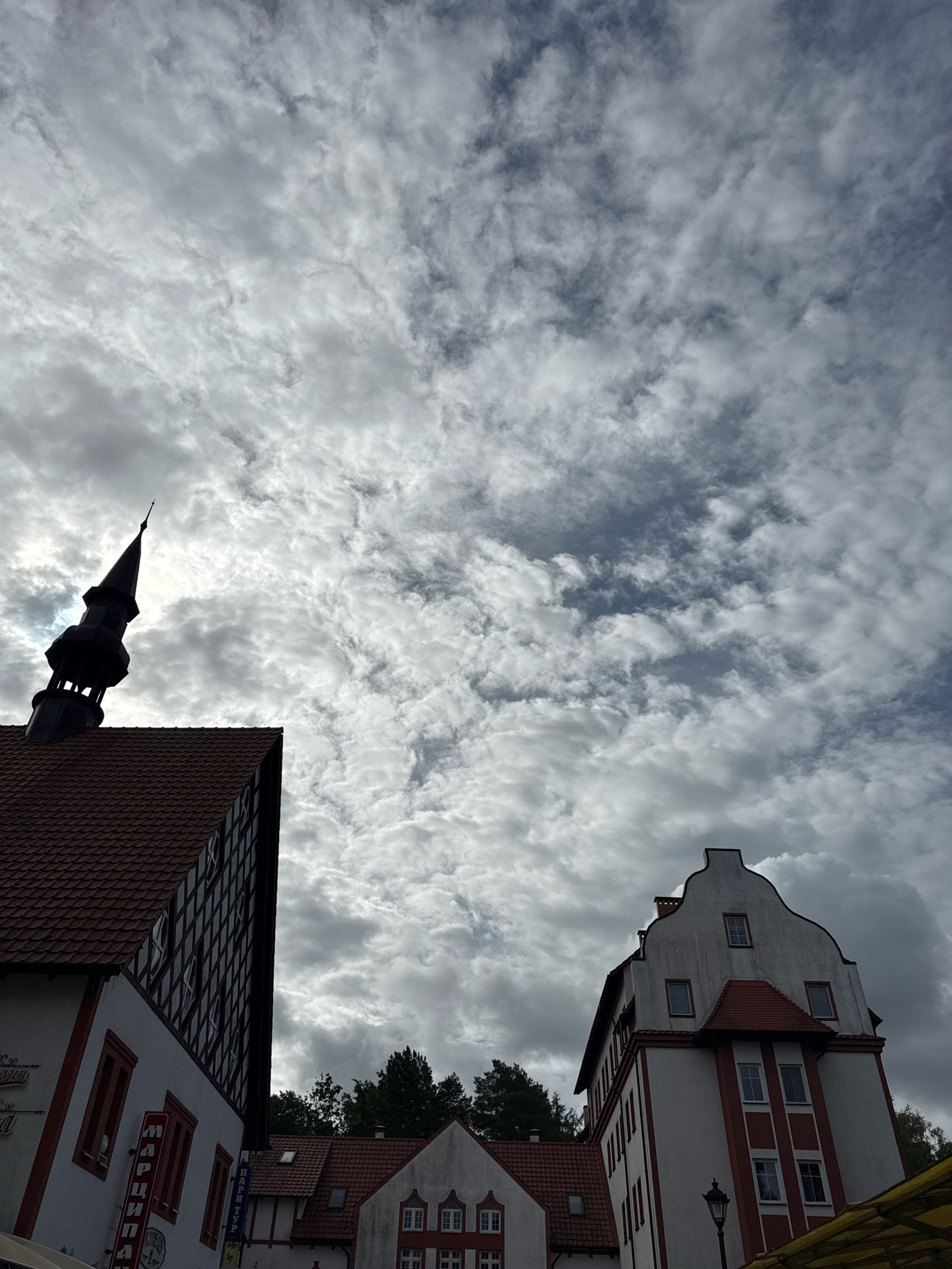 This is a low-angle, eye-level, outdoor, daytime, vertical shot featuring the dramatic sky above Svetlogorsk, Russia. The sky is filled with dense, gray, and white clouds, with patches of lighter sky visible between them.
In the foreground and mid-ground, traditional European-style buildings with red-tiled roofs are visible. On the left, a building with a dark, pointed spire on top of a square tower is silhouetted against the sky. This building has a steep, tiled roof and visible timber framing on its upper section. To its right, another building with a distinctive, stepped gable roof is prominent. This building is painted white with red trim and features multiple windows. The perspective suggests these buildings are part of an older urban district. Trees are visible in the background, suggesting a setting with some greenery. No people are visible in the frame. The overall impression is of a cloudy day in a historic town.