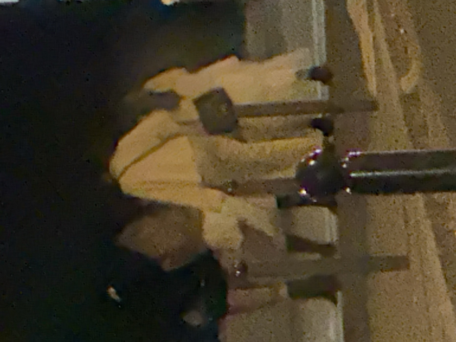 The image depicts a nighttime scene in an urban environment in Paris, France. Two individuals, both dressed in light-colored, flowing garments, are positioned in the midground. The individual on the right wears a dark shoulder bag. Several dark, vertical bollards occupy the foreground, partially obscuring the subjects. One bollard on the right side features a reflective, rounded top. The ground appears paved, illuminated by unseen artificial light sources that create reflections on the bollards. The background is dark and indistinct. No specific actions or interactions between the individuals are discernible due to the image's low light and blur.