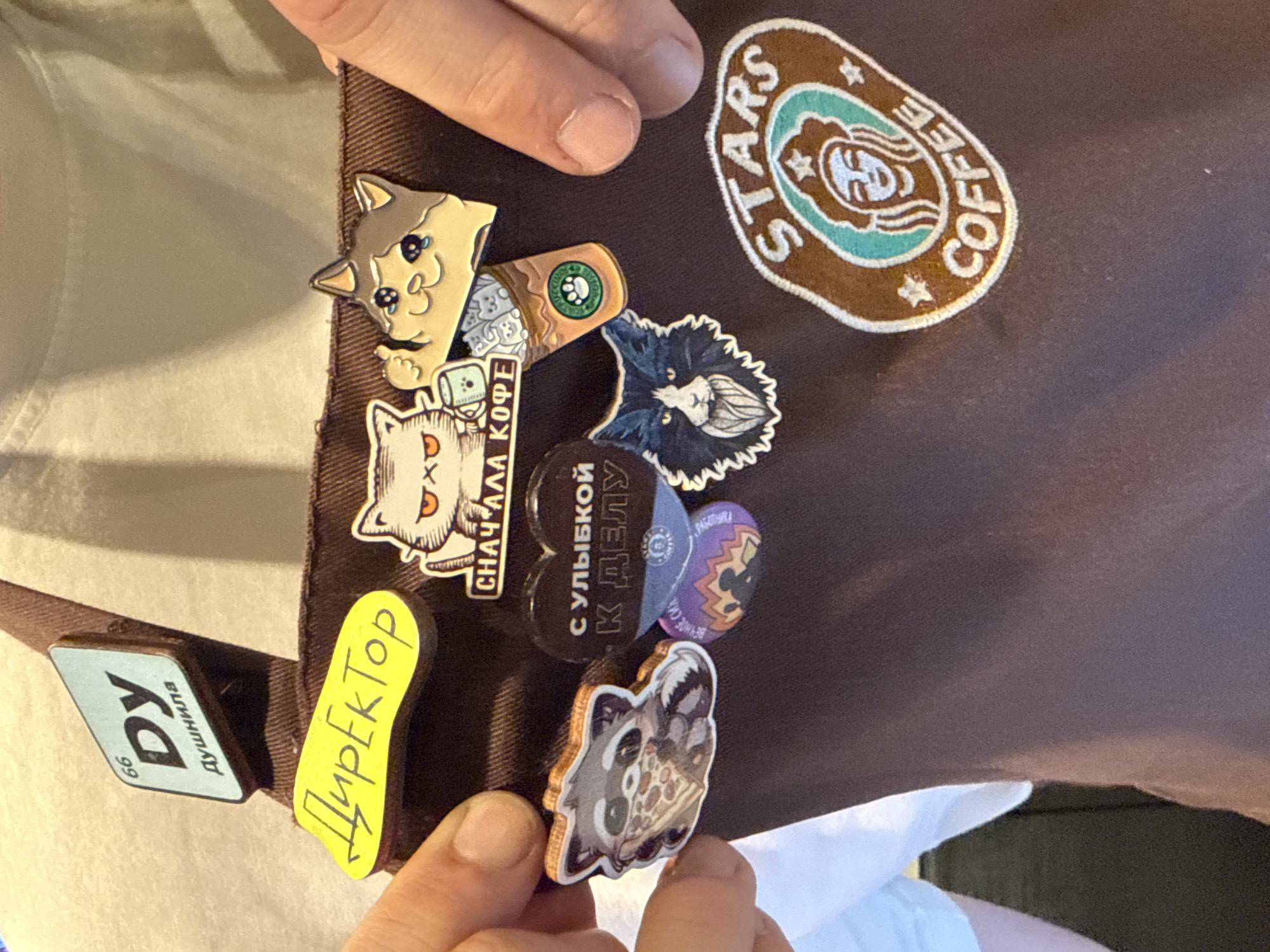 The image shows a brown apron with several pins and a patch attached to it. One pin features a cat with a coffee cup, another features a cat beside the phrase "СНАЧАЛА КОФЕ" (first coffee), and another one features a raccoon with a pizza. There is also a pin with the periodic table symbol "Dy" and the Russian word "Душнила". A pin labeled "Директор" is also present. The apron also has a patch with a coffee shop logo that reads "STARS COFFEE". The image is close-up, showing the details of the apron and its embellishments. Based on the "STARS COFFEE" logo and the Russian writing on the pins, the image is likely taken in Moscow, Russia. The image shows part of the apron being held by a person.