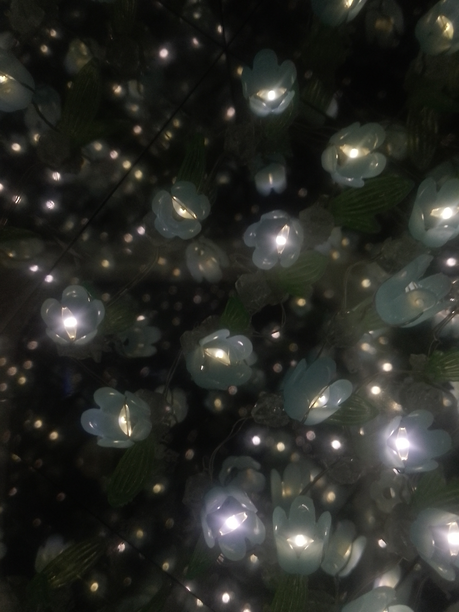 The image shows a close-up view of illuminated decorations, likely flowers with lights inside, in a dark environment. There are numerous small, blurred lights scattered throughout the background, creating a bokeh effect. The specific location in Davao City, Philippines, cannot be determined from the image. No people or specific actions are visible. The environment is dark, likely indoors.