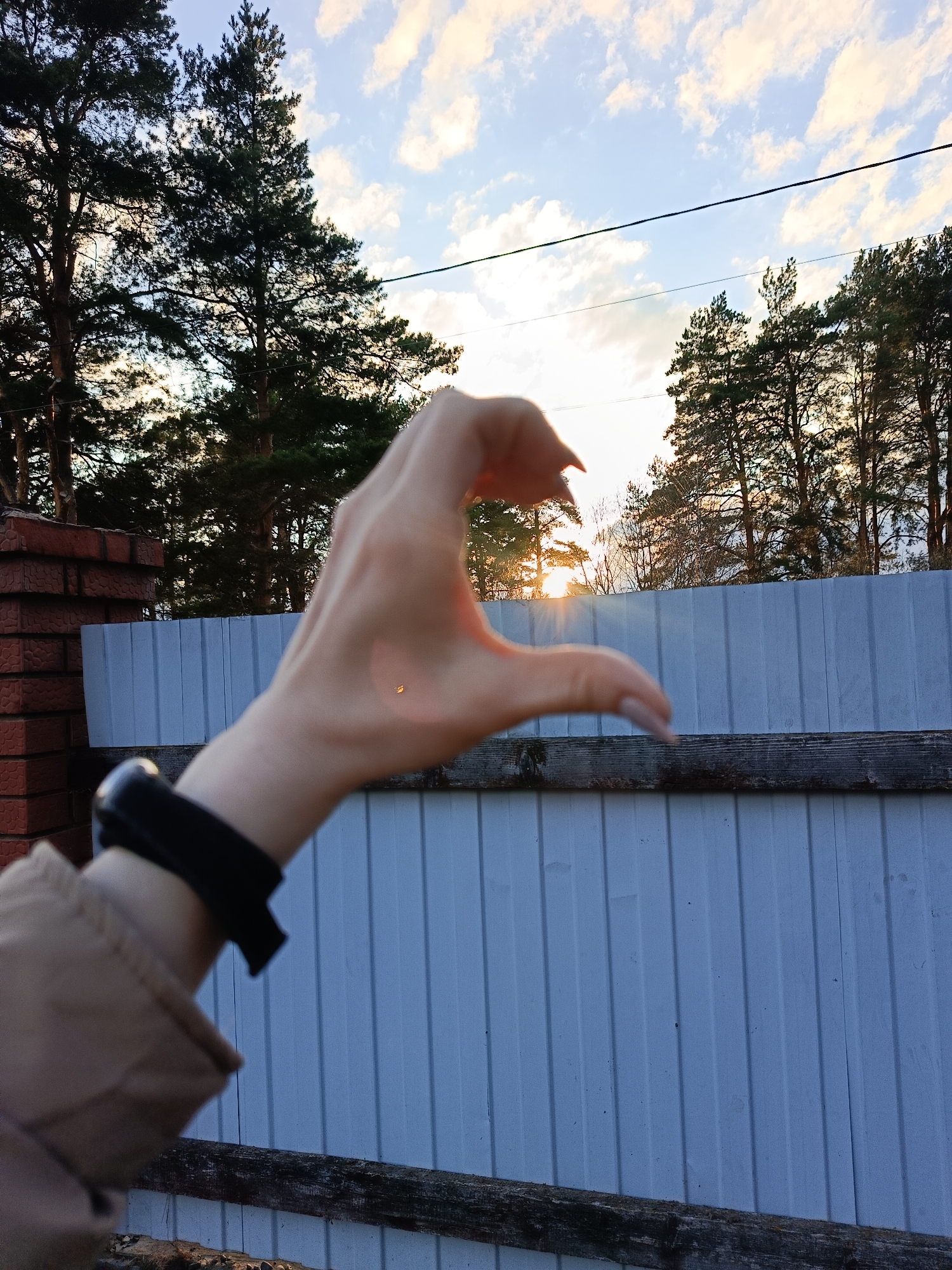 A serene outdoor scene is captured at sunset in Rusalevka, Russia, featuring a person's hand forming a heart shape in the foreground. The hand, with subtly manicured nails, is held up, framing the setting sun which casts a warm, orange glow through the distant trees and creates a bright lens flare on the palm. A black smart band or watch is visible on the wrist, and part of a beige sleeve covers the arm.
In the mid-ground, a light blue or grey corrugated metal fence runs horizontally, topped by a weathered wooden beam. To the far left, a reddish-brown brick pillar provides a contrasting texture.
The background is filled with tall, dark green pine trees, some silhouetted against the bright sky, others catching the last rays of sunlight. Above the trees, the sky is a clear light blue, dotted with scattered white, fluffy clouds, typical of a pleasant evening. Faint power lines or utility wires are visible stretching across the sky.
The overall impression is one of tranquility and affection, with the heart gesture symbolizing love or appreciation for the beautiful natural environment at dusk. The lighting indicates the golden hour, enhancing the warmth and peaceful atmosphere of the photograph. No visible text is present in the image.
